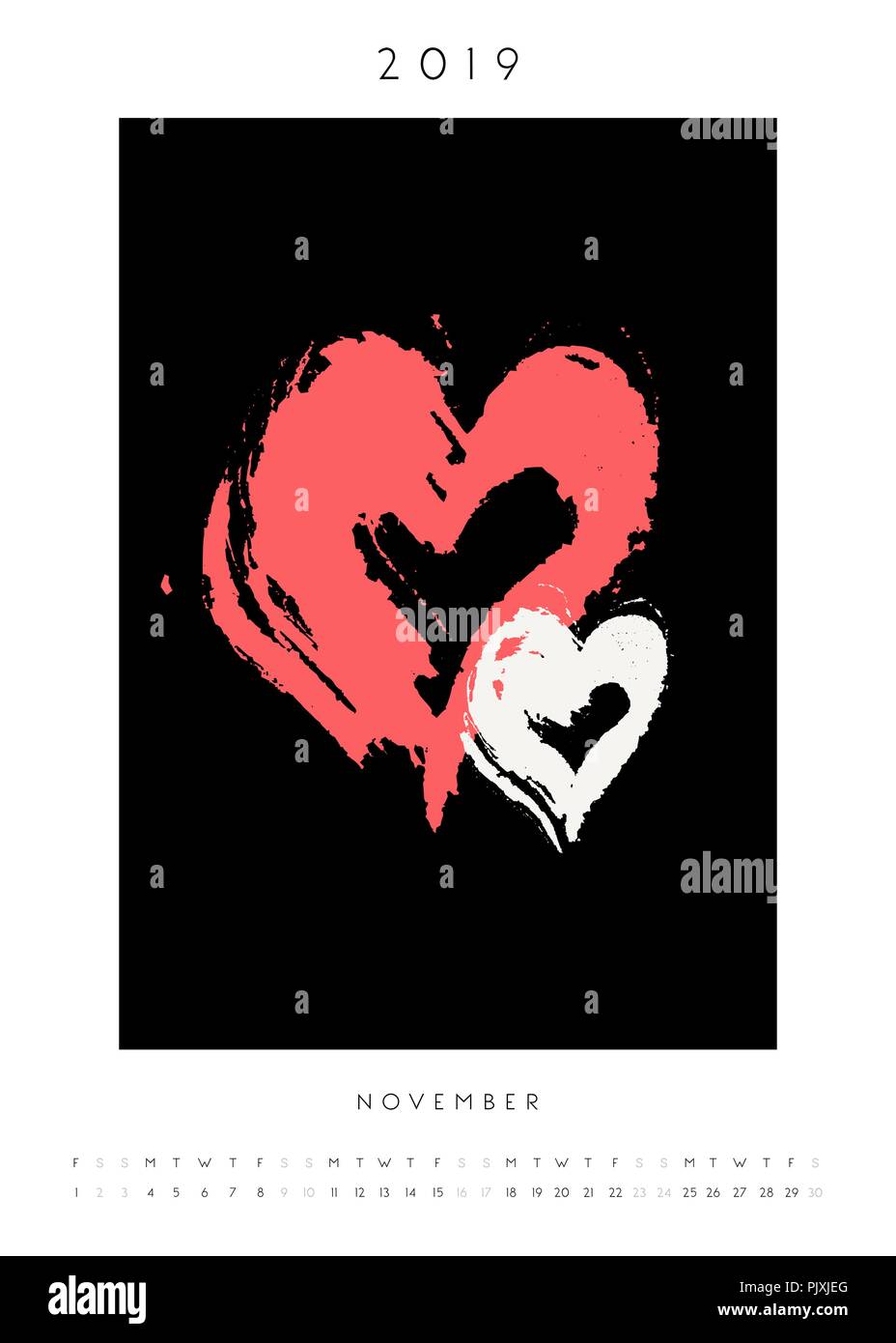 Version imprimable Novembre 2019 format A4 modèle de calendrier. Cœurs dessinés à la main en rouge et blanc sur fond noir. Illustration de Vecteur