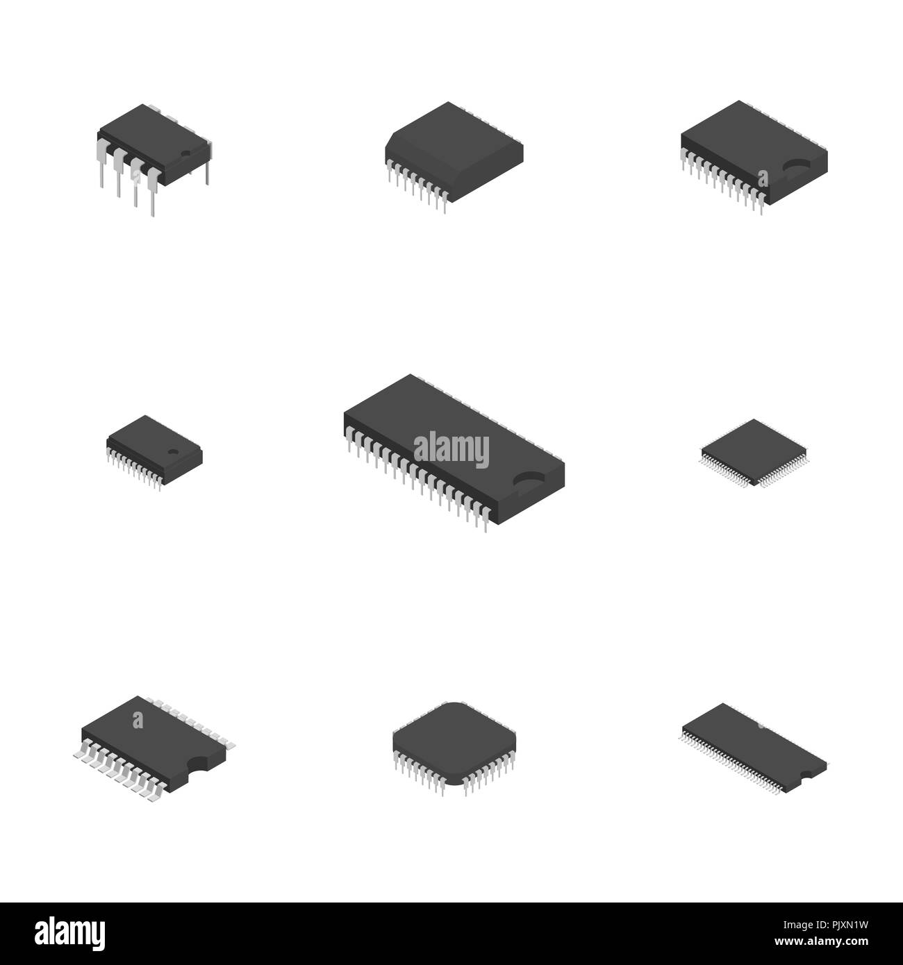 Ensemble de composants électroniques actifs et passifs isolé sur fond blanc. Télévision 3D isométrique, style vector illustration. Illustration de Vecteur