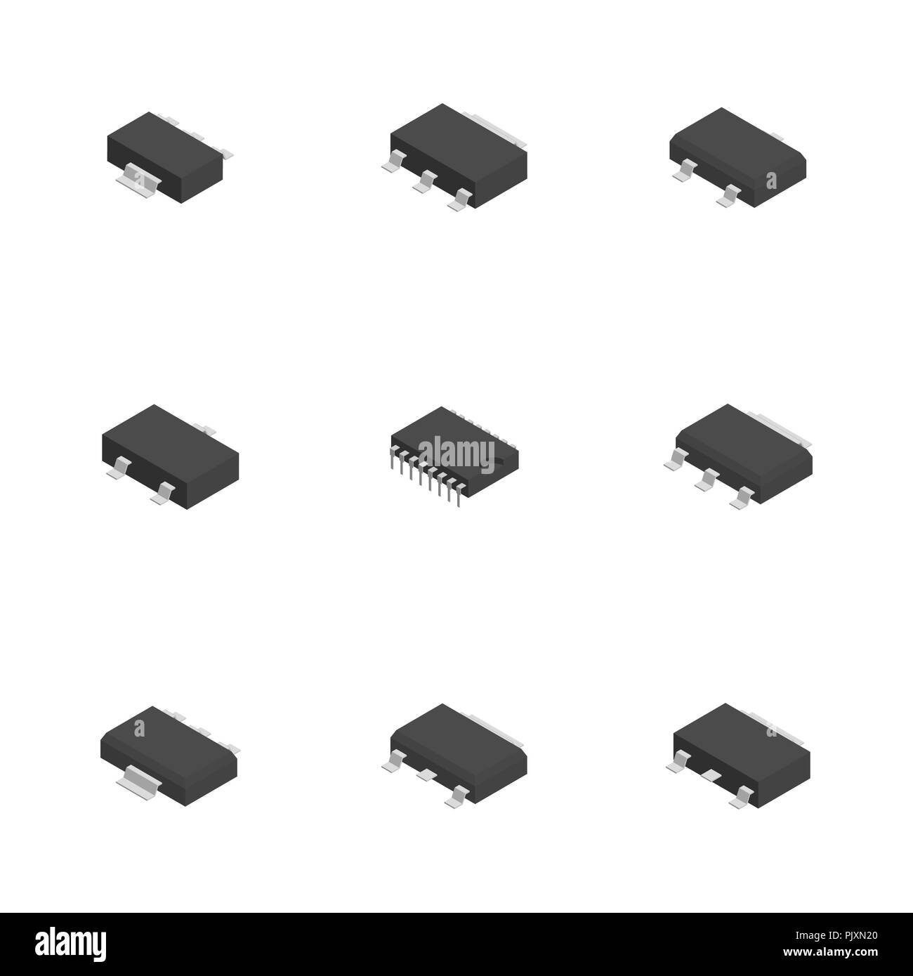 Ensemble de composants électroniques actifs et passifs isolé sur fond blanc. Télévision 3D isométrique, style vector illustration. Illustration de Vecteur