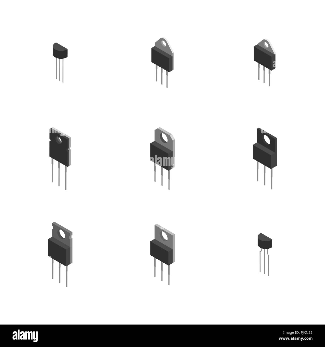 Ensemble de composants électroniques actifs et passifs isolé sur fond blanc. Télévision 3D isométrique, style vector illustration. Illustration de Vecteur