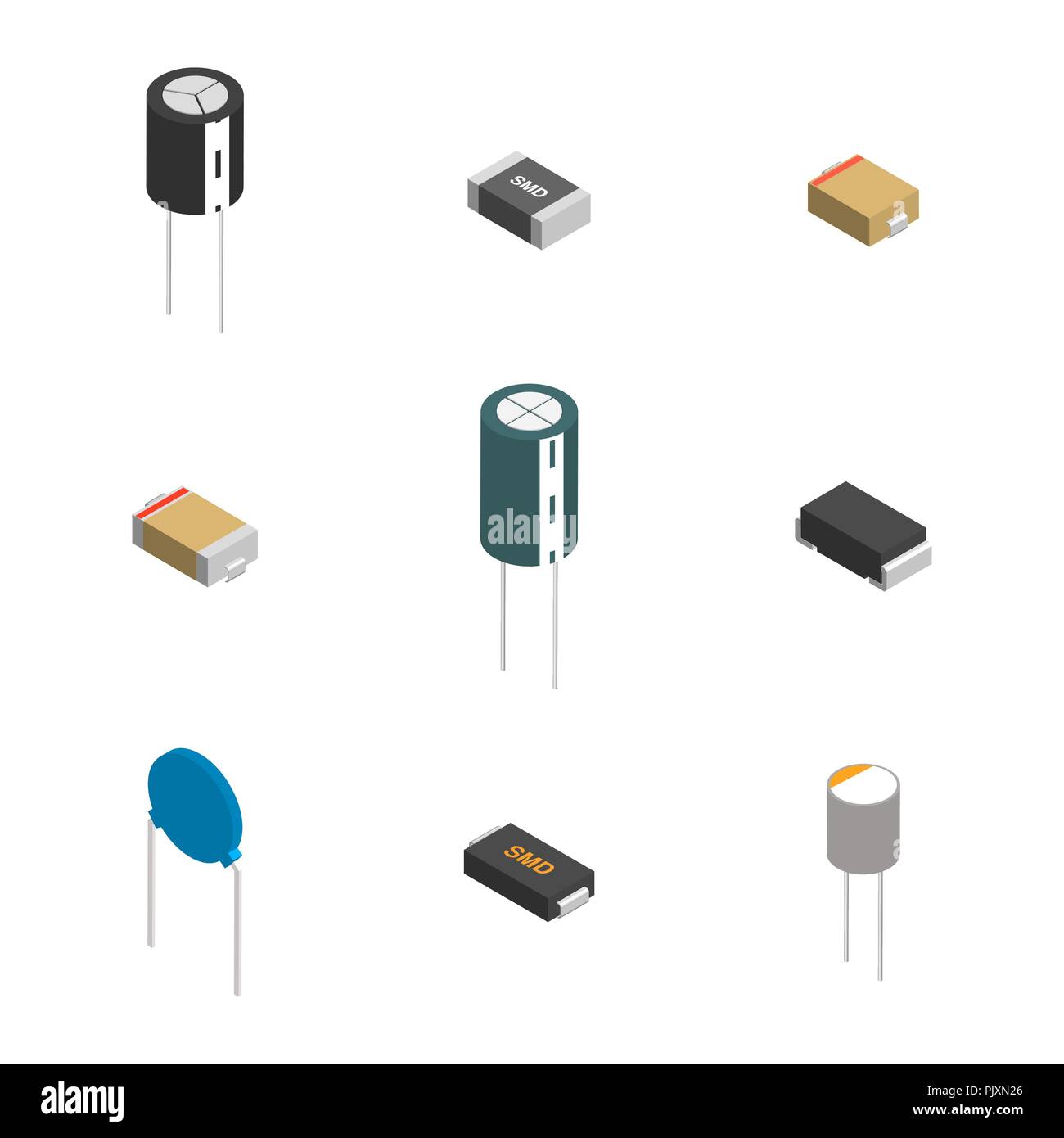 Ensemble de composants électroniques actifs et passifs isolé sur fond blanc. Télévision 3D isométrique, style vector illustration. Illustration de Vecteur