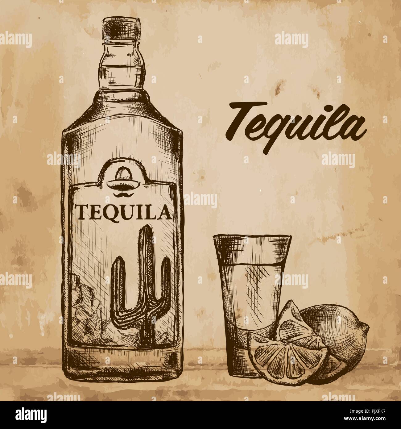 Bouteille de tequila avec de la chaux et de verre peint à la main. Illustration de Vecteur