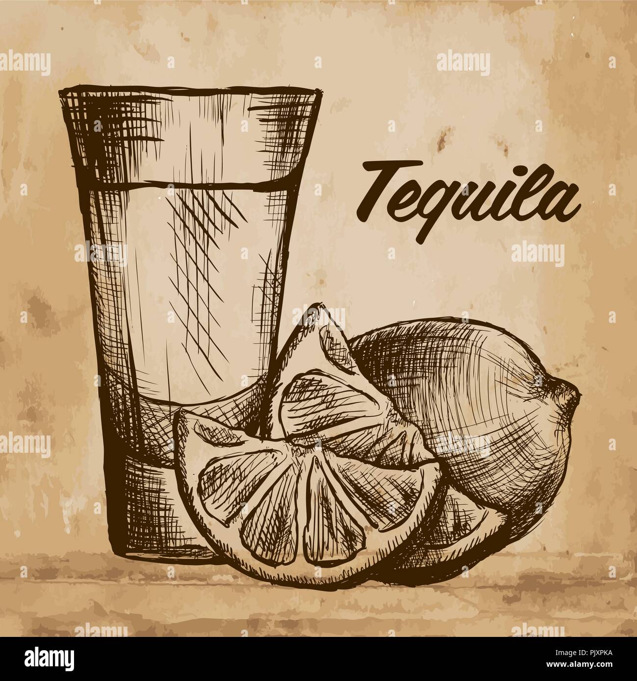 Bouteille de tequila avec de la chaux et de verre peint à la main. Illustration de Vecteur