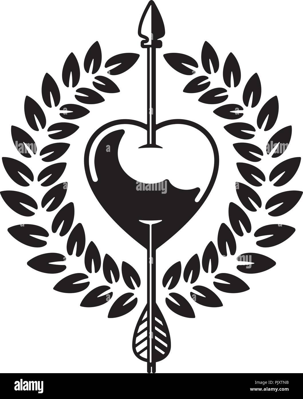 Vector illustration de cœur percé par la flèche avec couronne de laurier. Style de dessin de tatouage symbole d'amour avec coeur avec flèche de Cupidon à travers elle. Illustration de Vecteur
