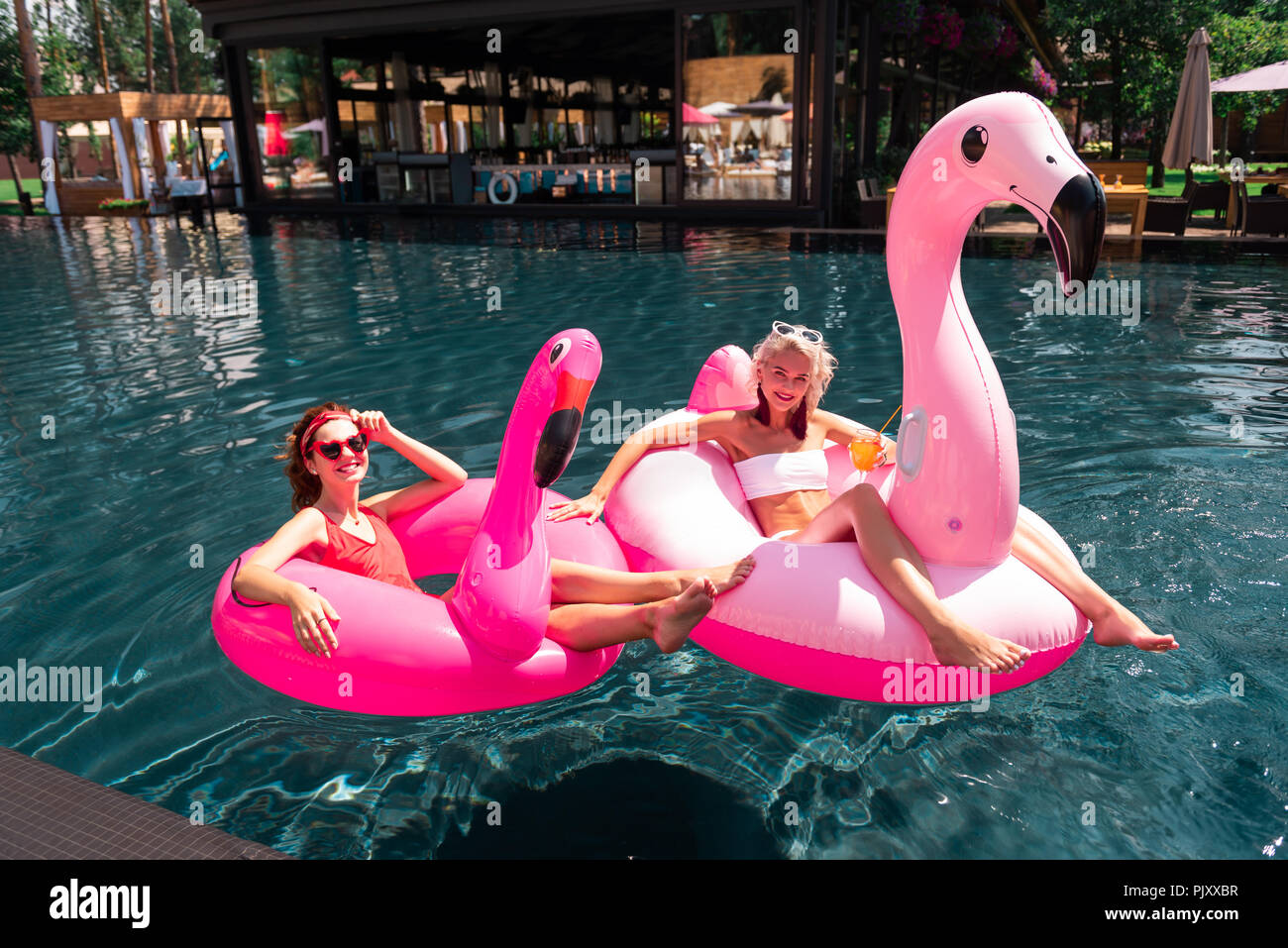 Heureux les femmes de nice natation sur l'air des flamants roses Banque D'Images