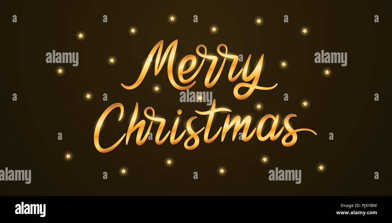 Lettrage doré de joyeux Noël. Vector illustration de lettrage Noël avec paillettes et étoiles sur le fond noir. La main d'or Te Illustration de Vecteur