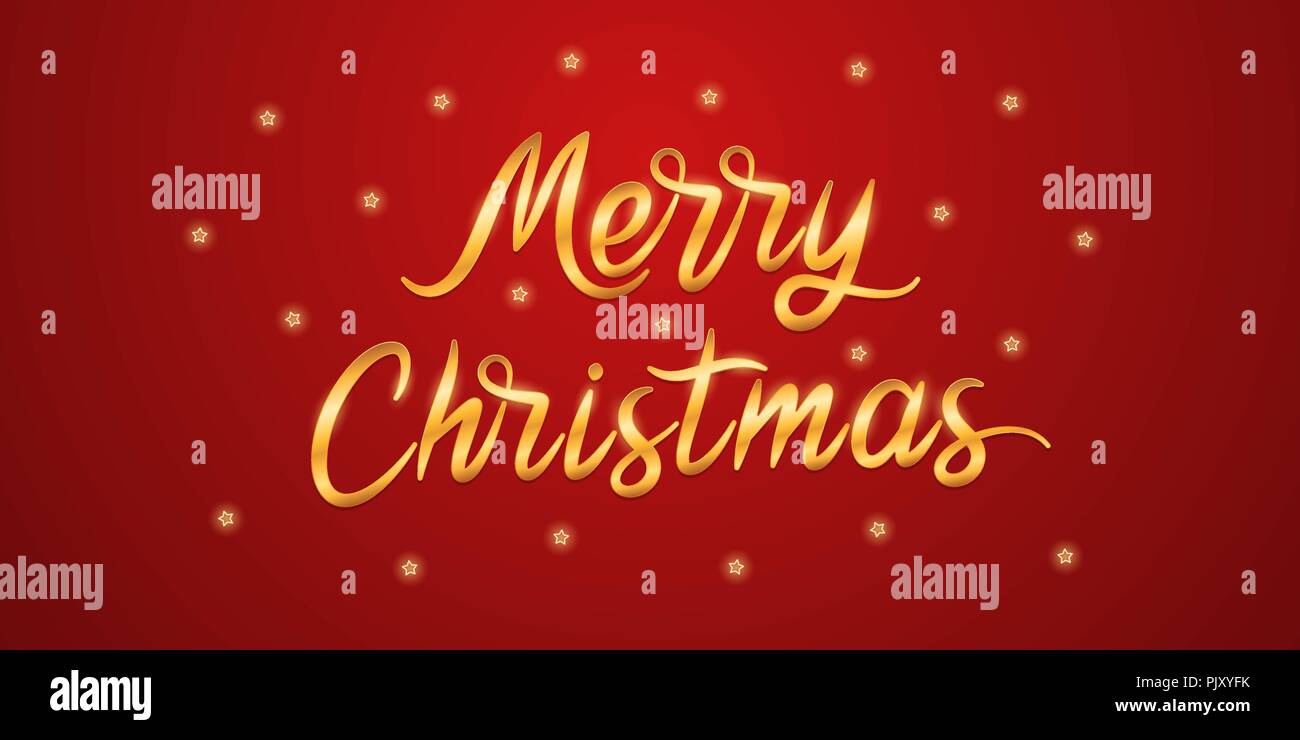 Lettrage doré de joyeux Noël. Vector illustration de lettrage Noël avec paillettes et étoiles sur le fond rouge. Le texte manuscrit d'or Illustration de Vecteur