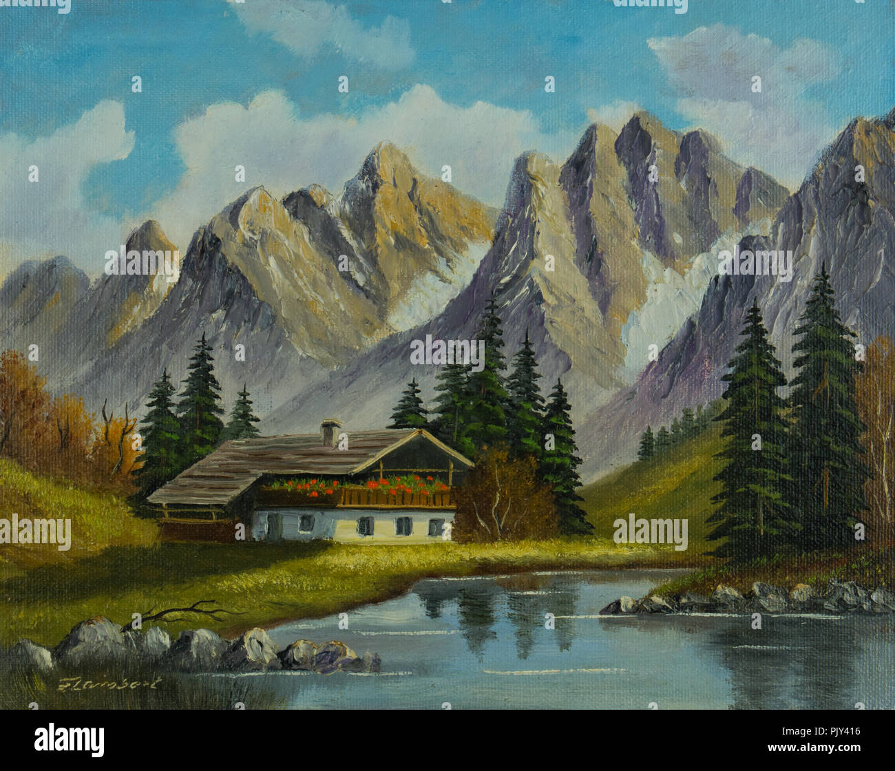 Peinture à l'huile - paysage de montagne avec une maison à un ruisseau de montagne Banque D'Images
