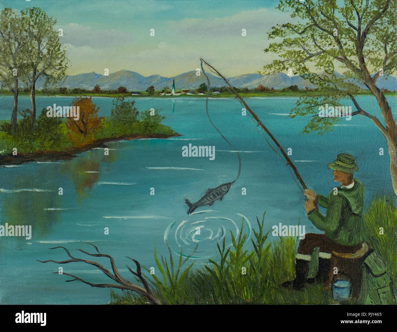 Peinture à l'huile - Homme avec un chapeau assis à un lac à la pêche et la capture d'un poisson Banque D'Images