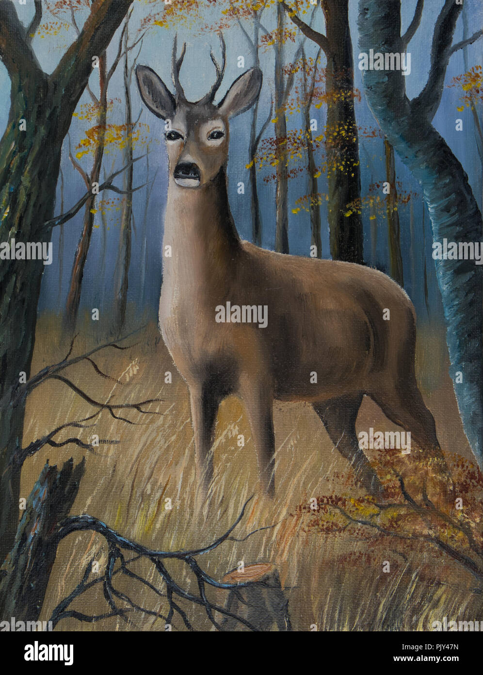 Peinture à Lhuile Un Brun Cerf Se Trouve Dans Les Hautes Herbes