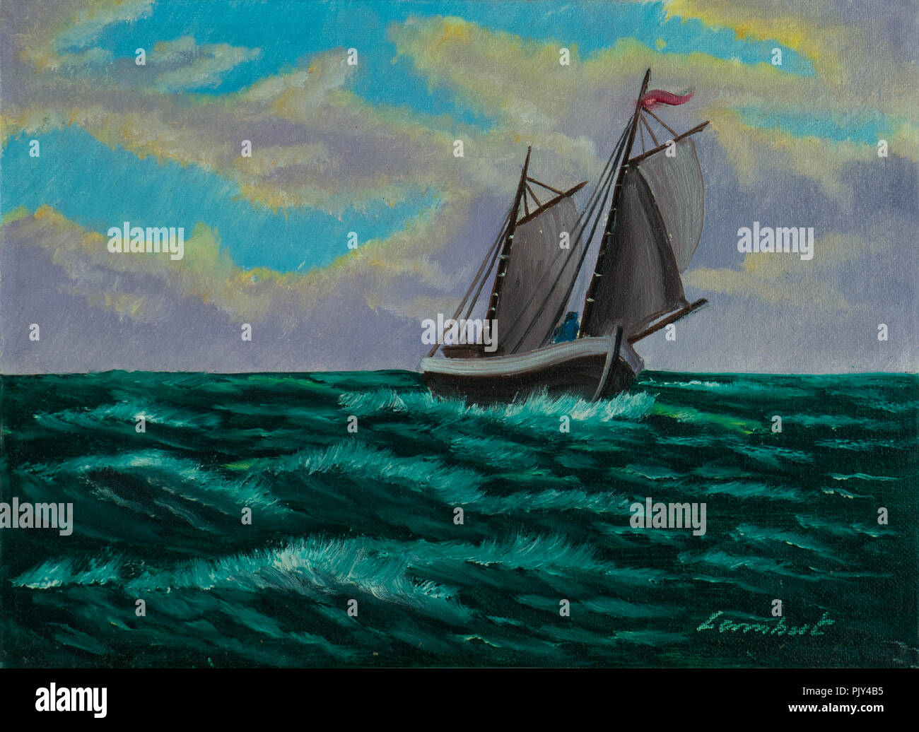 Peinture à l'huile - bateau à voile dans l'eau bleu-vert avec des ondes de lumière Banque D'Images