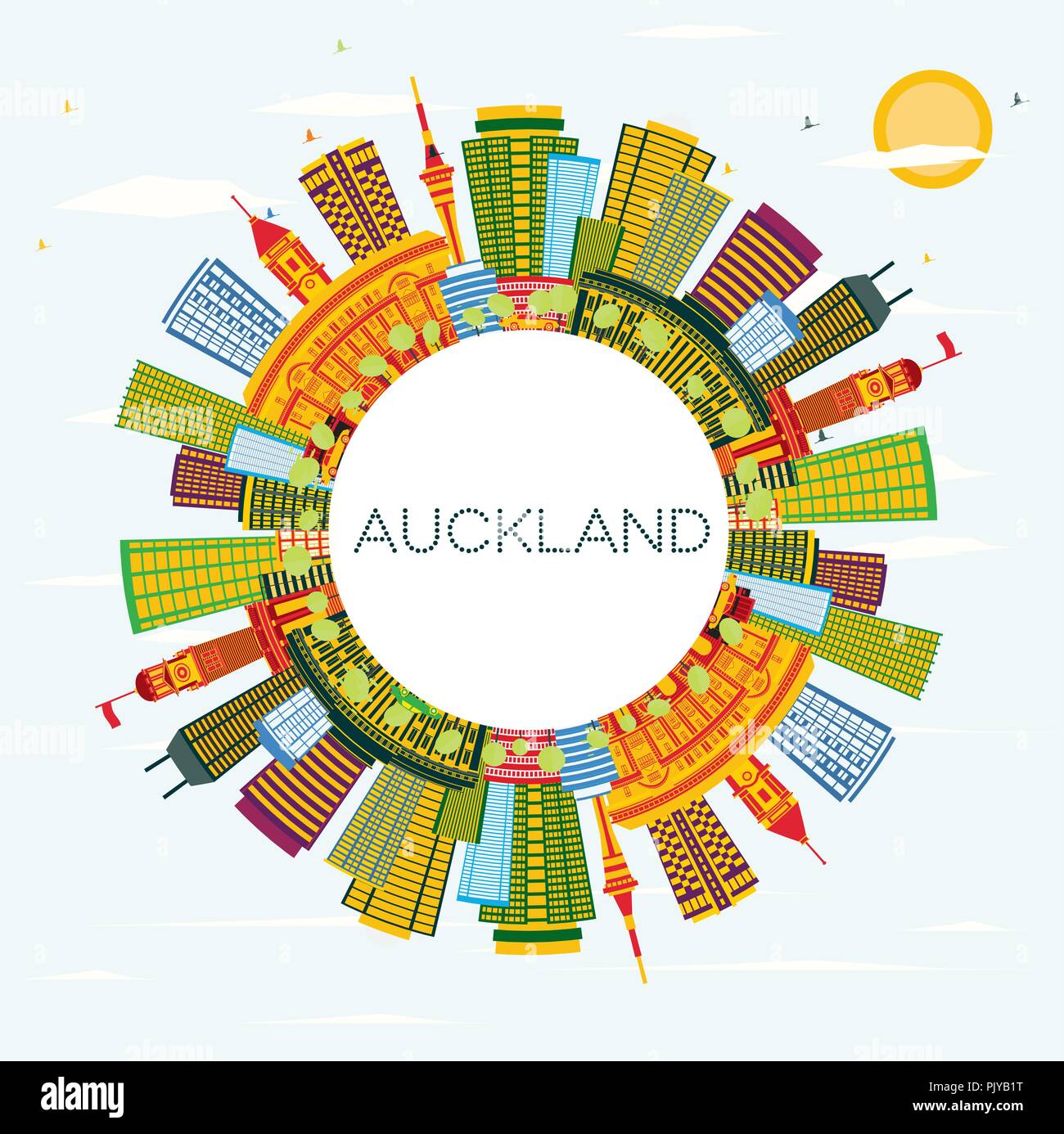 Auckland Nouvelle Zélande Ville avec des bâtiments de couleur, ciel bleu et copier l'espace. Vector Illustration. Illustration de Vecteur