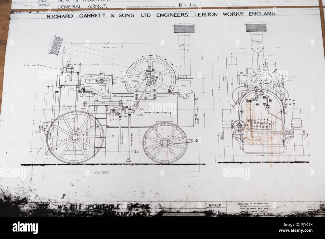 La Boutique Musée, Woodbridge, Suffolk, Angleterre, UK machine à vapeur planche à dessin Les dessins techniques des plans pour les locomotives à vapeur Banque D'Images