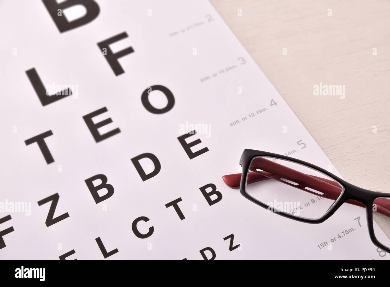 Concept de revision de l il avec la feuille avec des lettres et des lunettes de correction. Vue d en haut. Composition horizontale Photo Stock Alamy