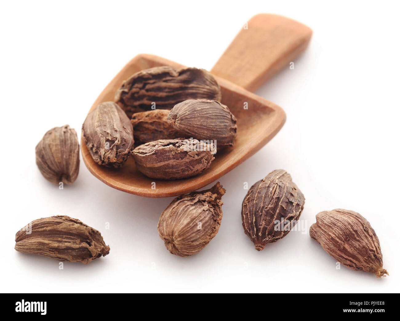 Cardamome noire dans une cuillère en bois sur fond blanc Banque D'Images