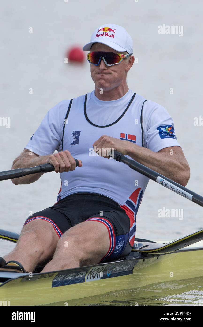 Plovdiv, Bulgarie, dimanche 9 septembre 2018. Championnats du monde d'Aviron de la FISA, NI M1X., Kjetil BORCH, au début de sa chaleur dans le skiff Hommes, © Peter SPURRIER, Alamy Live News, Banque D'Images