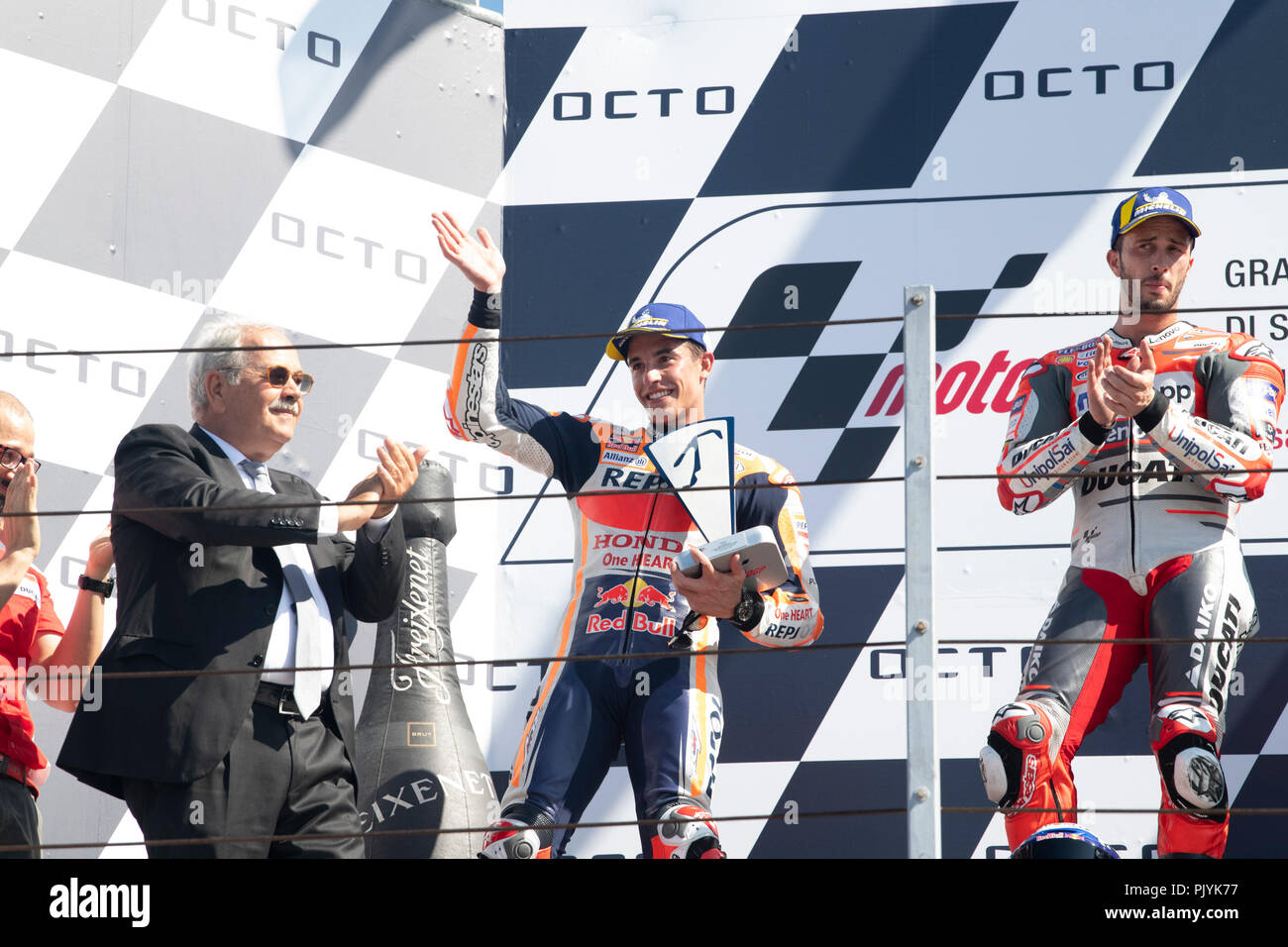 Fin de la course Podium 93 Marc MARQUEZ SPA Repsol Honda Team Honda MOTOGP au "Misano World Circuit Marco Simoncelli", Italie 13e ronde de championnat MotoGP mot Gran Premio Octo di San Marino e della Riviera di Rimini 07 set - set 09 , 2018 à Misano Italie Banque D'Images