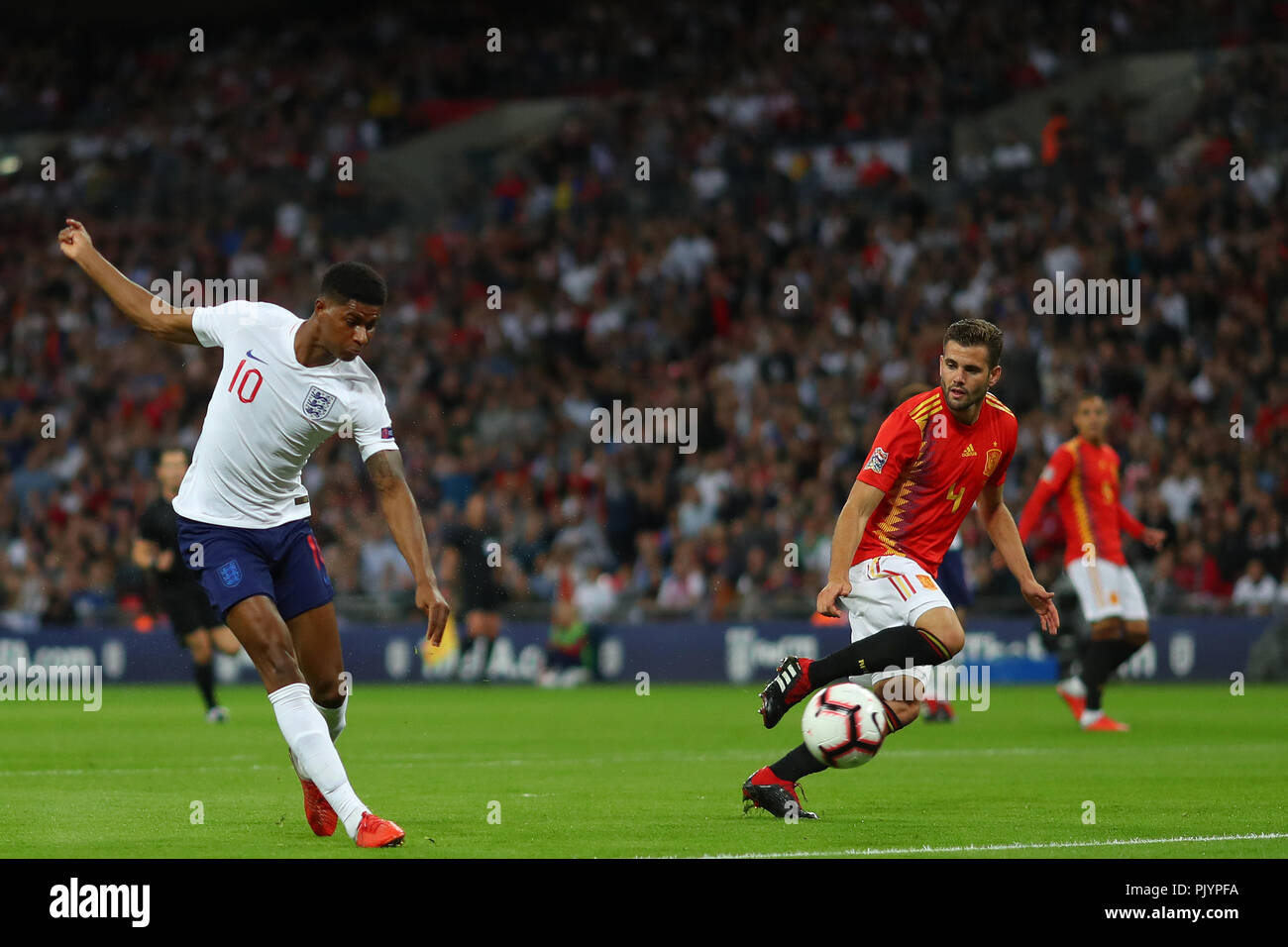 Londres, Royaume-Uni. 8e Sept 2018. Marcus Rashford d'Angleterre marque le but d'ouverture, mettant l'Angleterre 1-0 à venir - France/Espagne, Ligue des Nations Unies de l'UEFA - Groupe A4, au stade de Wembley, Londres - 8 septembre 2018 Crédit : Richard Calver/Alamy Live News Banque D'Images