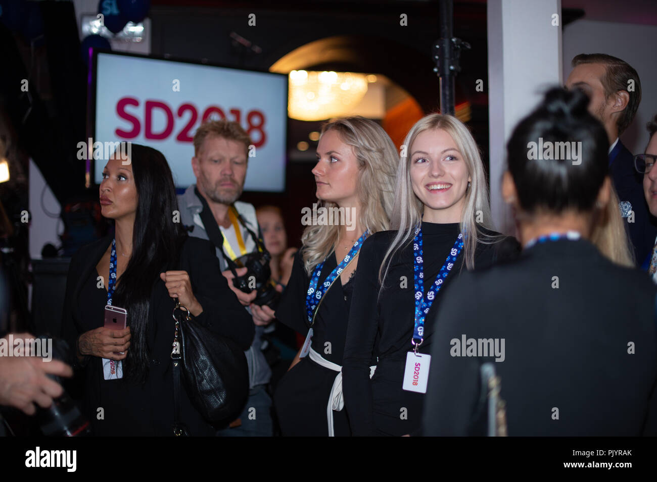 Stockholm, Suède, le 9 septembre 2018. Élection générale 2018 suédois. Election Night Watch pour la Suède Parti démocrate (SD) dans le centre de Stockholm, en Suède. Credit : Barbro Bergfeldt/Alamy Live News Banque D'Images