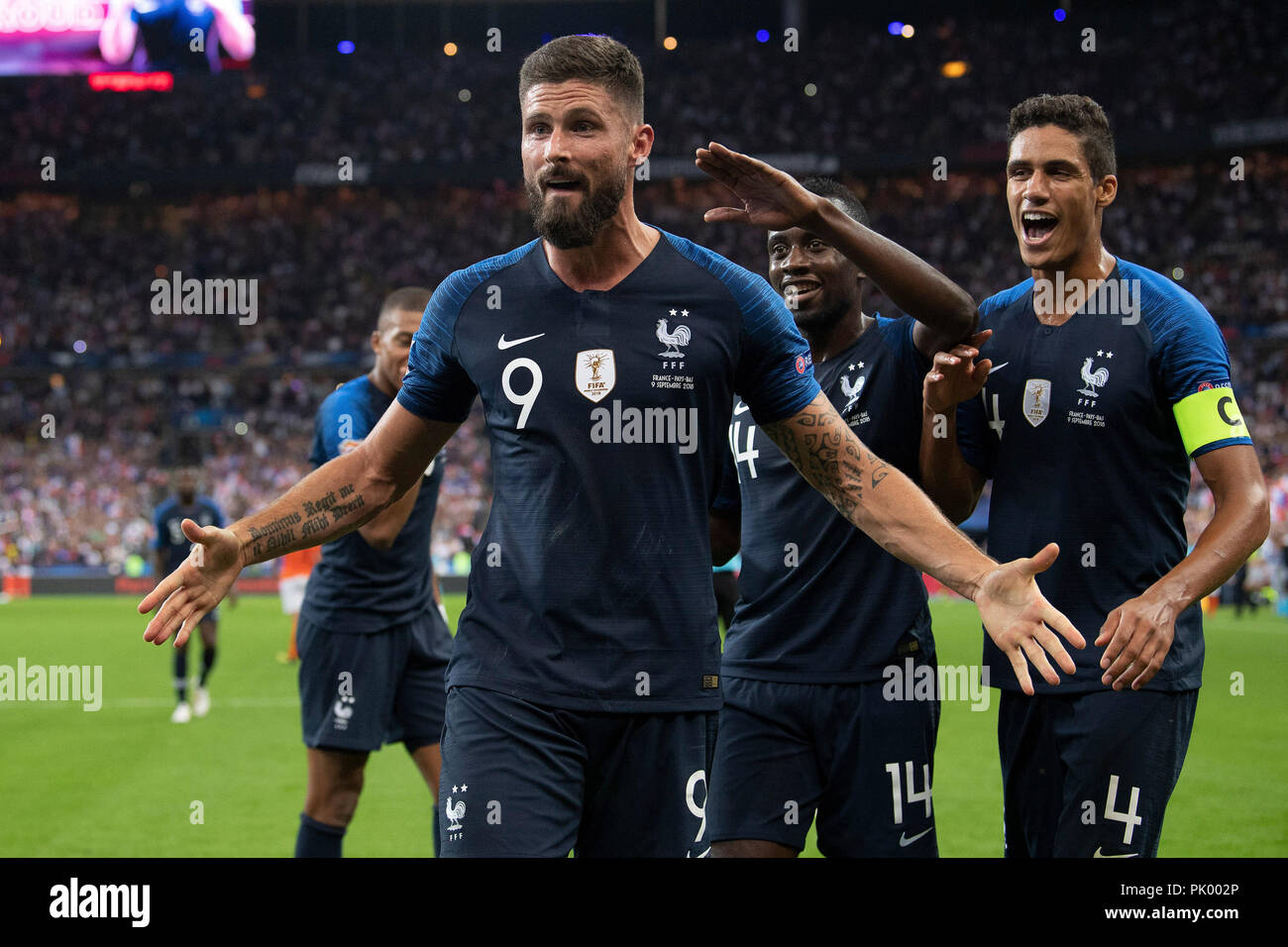 Saint Denis 10 Sep 2018 Olivier Giroud Blaise Matuidi Et Raphael Varane G A D De La France Celebrent Leur But Durant Le Match De L Uefa Ligue Des Nations Unies Entre La