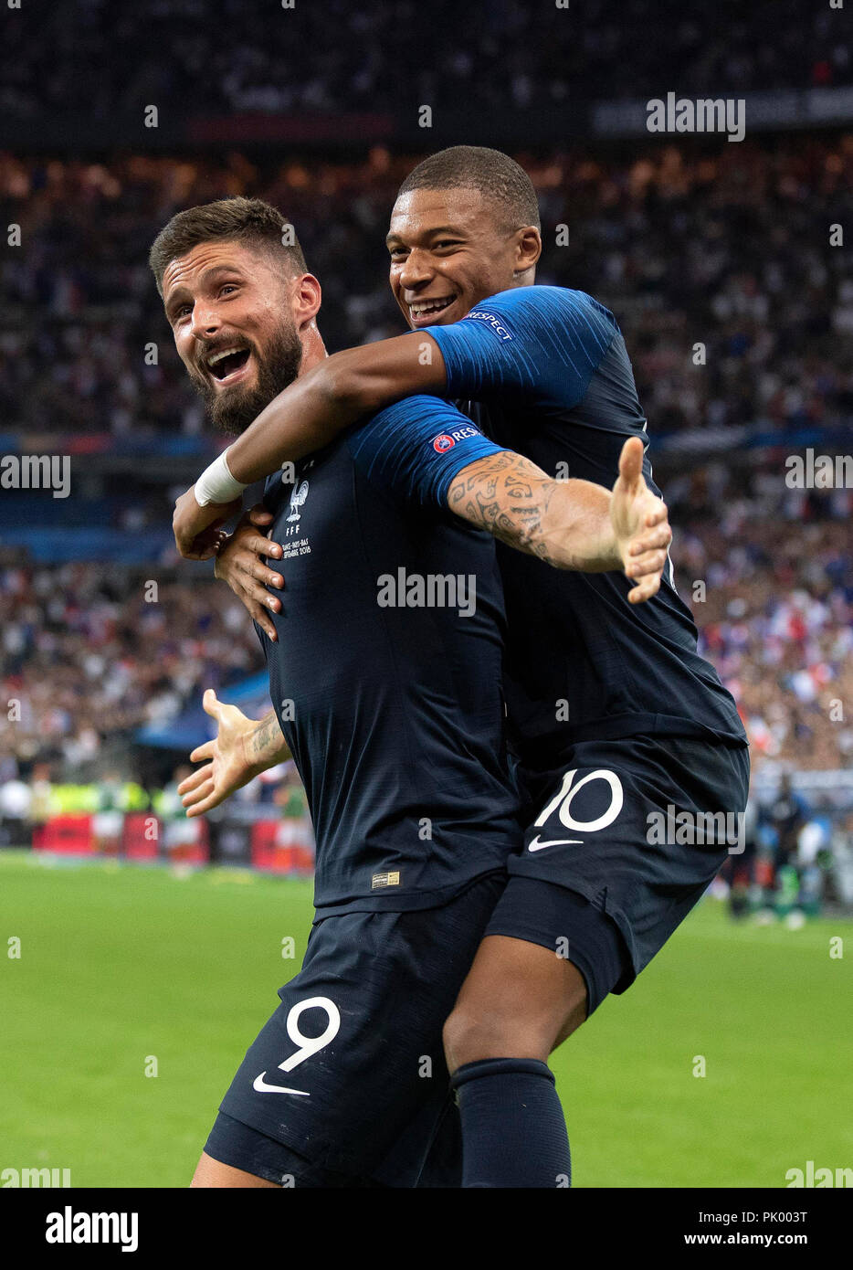 Saint Denis. 10 Sep, 2018. Olivier Giroud (L) et Kylian Mbappe de France  célèbrent leur but durant le match de l'UEFA Ligue des Nations Unies entre  la France et les Pays-Bas au