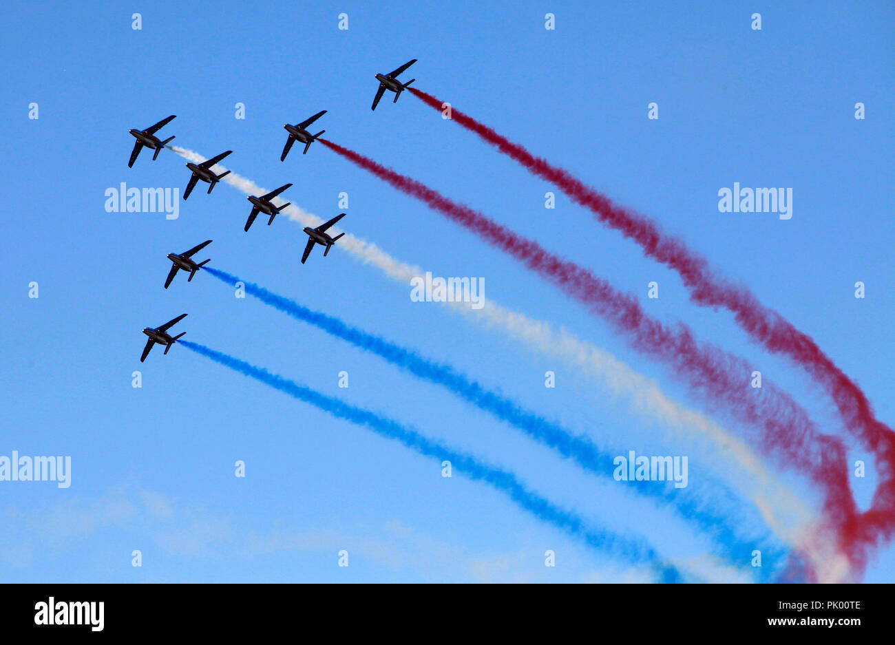 Kleine Brogel. 10 Sep, 2018. L'équipe de voltige "Patrouille de France" effectuer au cours de la Journée de la Force Aérienne belge à la base aérienne de Kleine Brogel en Belgique, le 9 septembre 2018. Credit : Wang XiaoJun) (dtf/Xinhua/Alamy Live News Banque D'Images