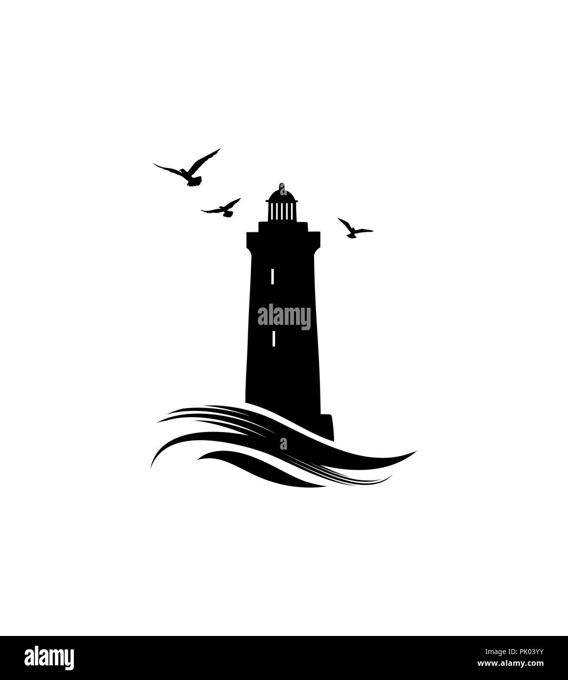 Logo phare. Icône nautique avec phare avec les vagues de l'océan et gull oiseaux. La conception de l'étiquette Illustration de Vecteur
