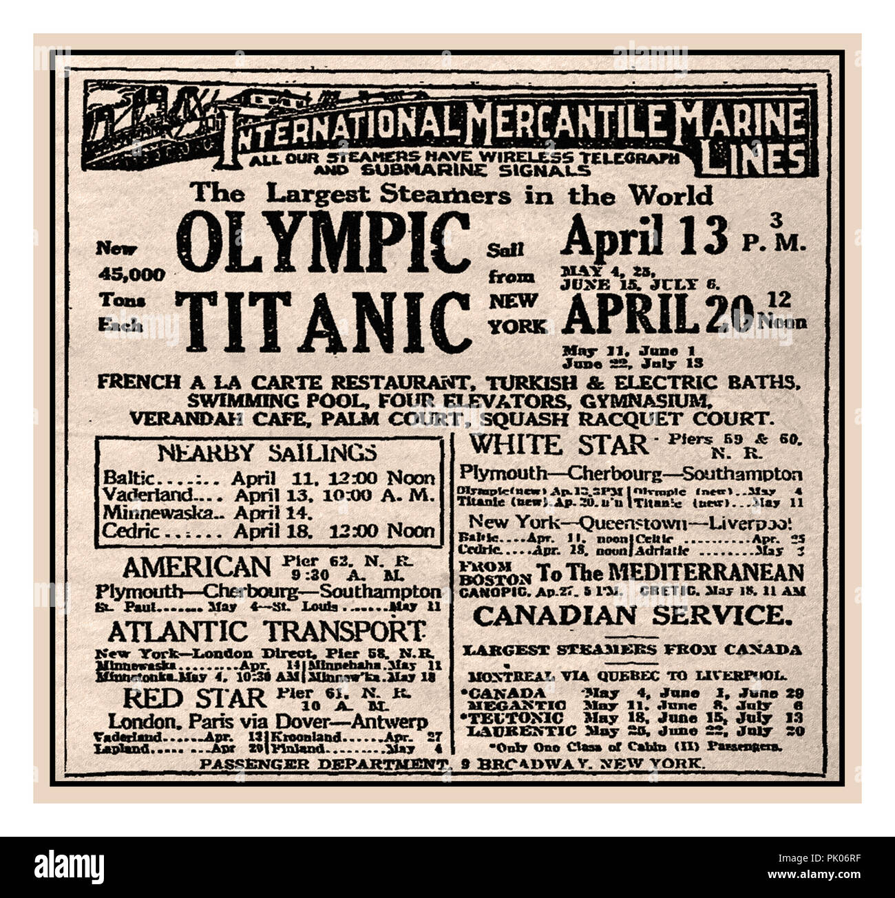 TITANIC 1912 RMS PUBLICITÉ du journal TITANIC au New York Times pour le premier voyage inaugural vers l'est navigation transatlantique du Titanic de New York à l'Europe départ à midi le 20 avril 1912. Ce calendrier de navigation n'a malheureusement pas eu lieu. Titanic a été tragiquement perdu le 15 avril 1912 Banque D'Images