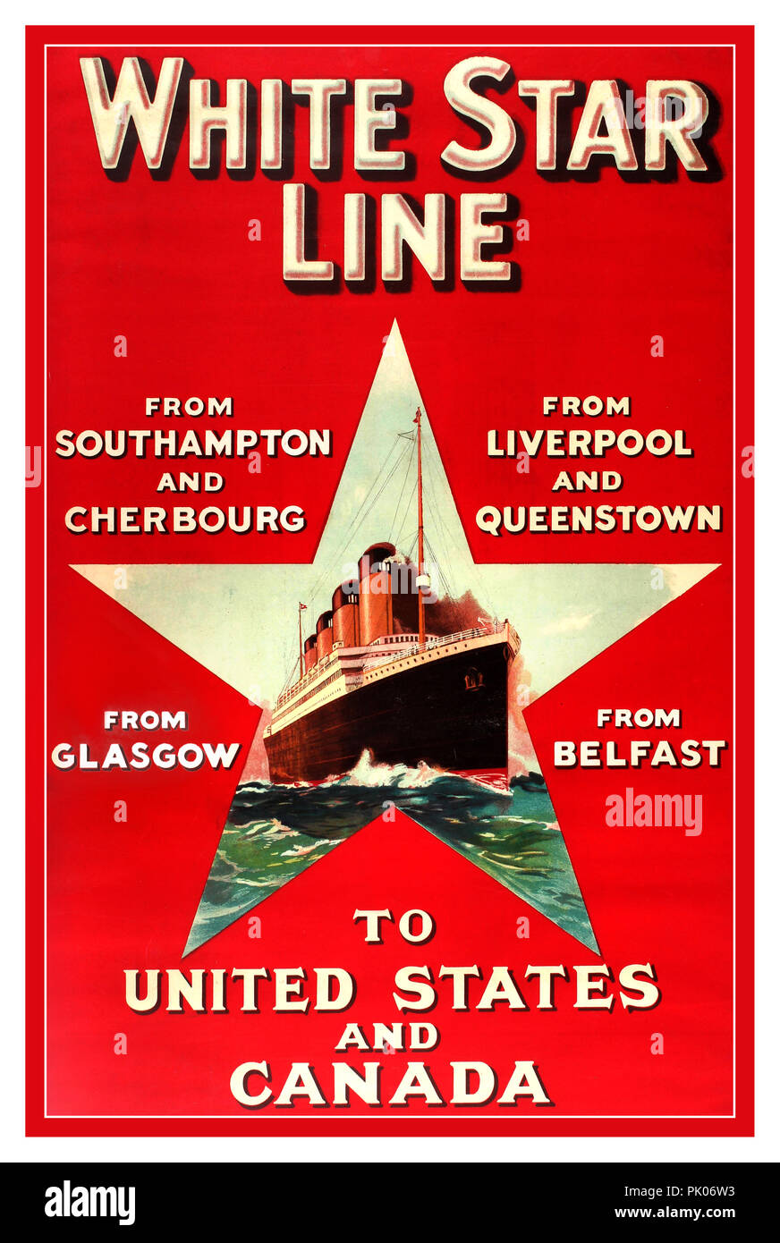WHITE STAR LINE affiche vintage 1900 affiche publicitaire vintage originale de voyage pour White Star Line de Southampton et Cherbourg de Liverpool et Queenstown de Glasgow de Belfast aux États-Unis et au Canada. Illustration d'un quatre entonnoir TITANIC CLASSE OCEAN LINER 1900 original vintage poster publicitaire de voyage pour White Star Line à l'intérieur de la forme d'une étoile imprimée par la Liverpool Printing & Stationery Company UK 1900, Banque D'Images