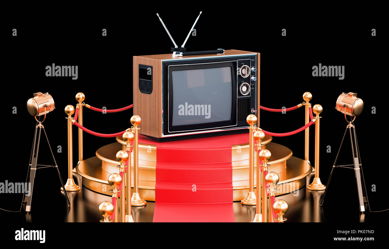 Podium avec téléviseur, rendu 3D isolé sur fond noir Banque D'Images Podium avec téléviseur, rendu 3D isolé sur fond noir Banque D'Images