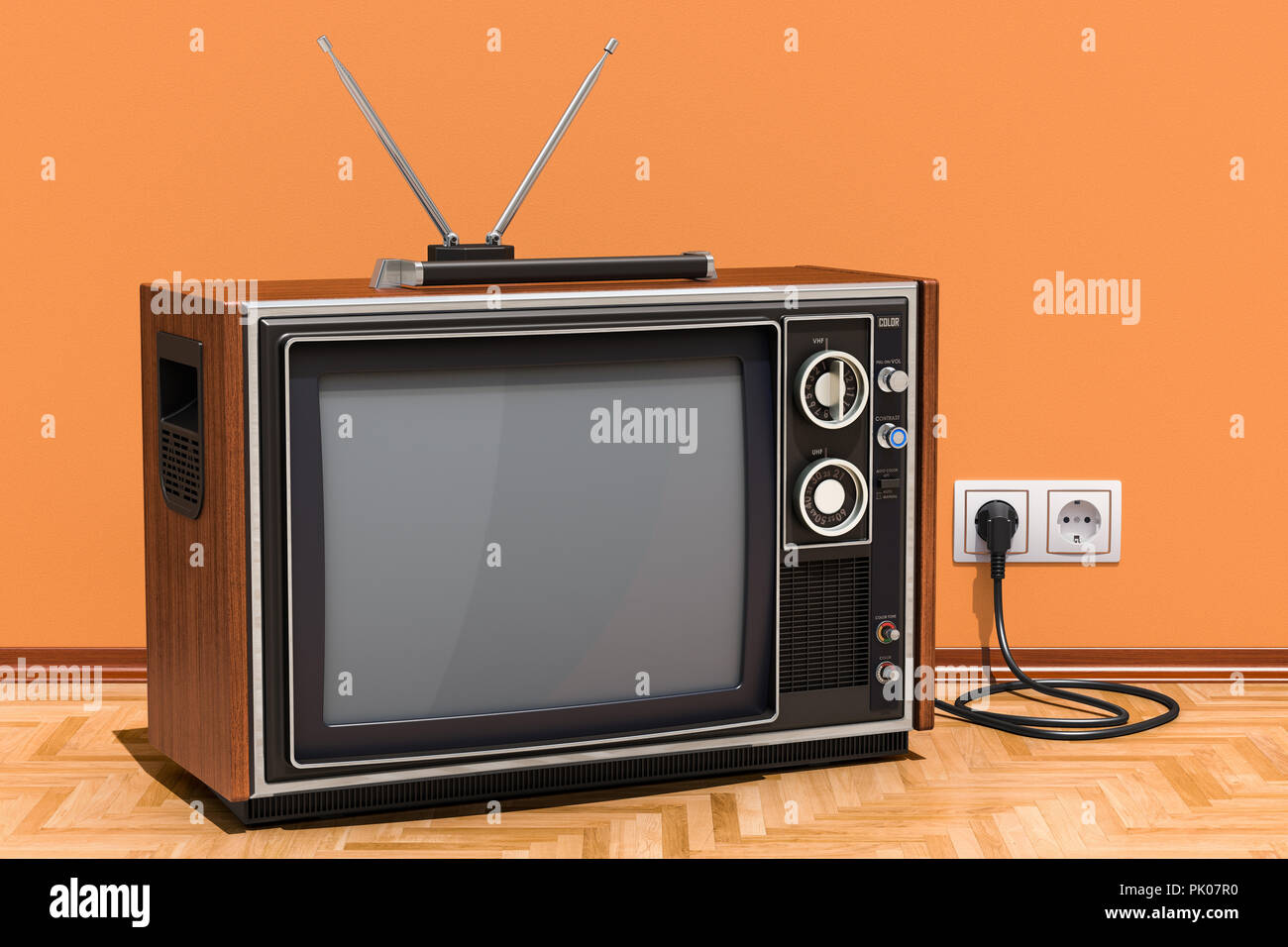 Retro TV dans l'espace sur le plancher en bois, 3D Rendering Banque D'Images Retro TV dans l'espace sur le plancher en bois, 3D Rendering Banque D'Images