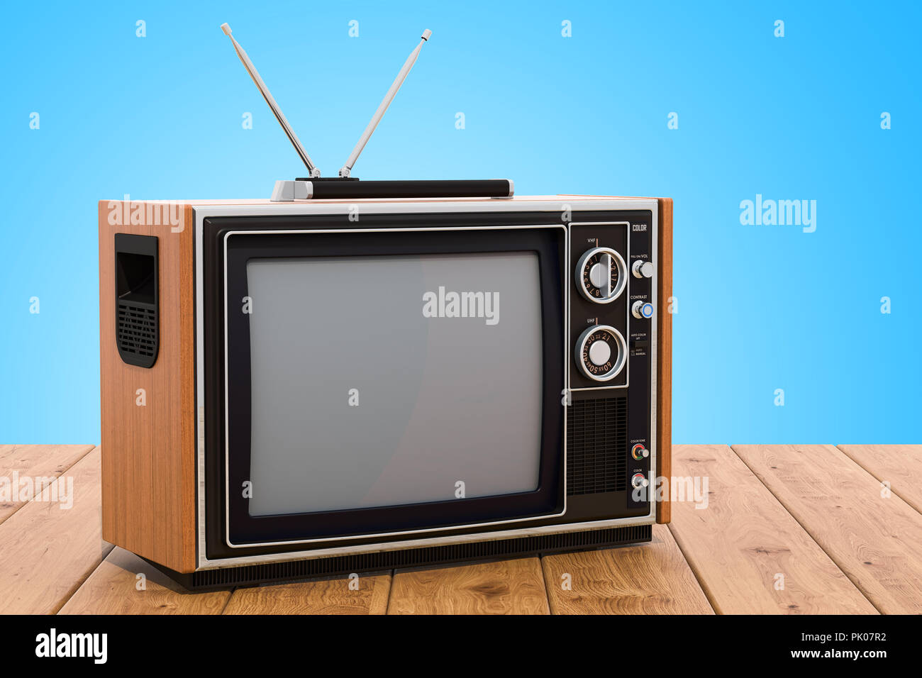 Retro TV sur la table en bois. Le rendu 3D Banque D'Images Retro TV sur la table en bois. Le rendu 3D Banque D'Images