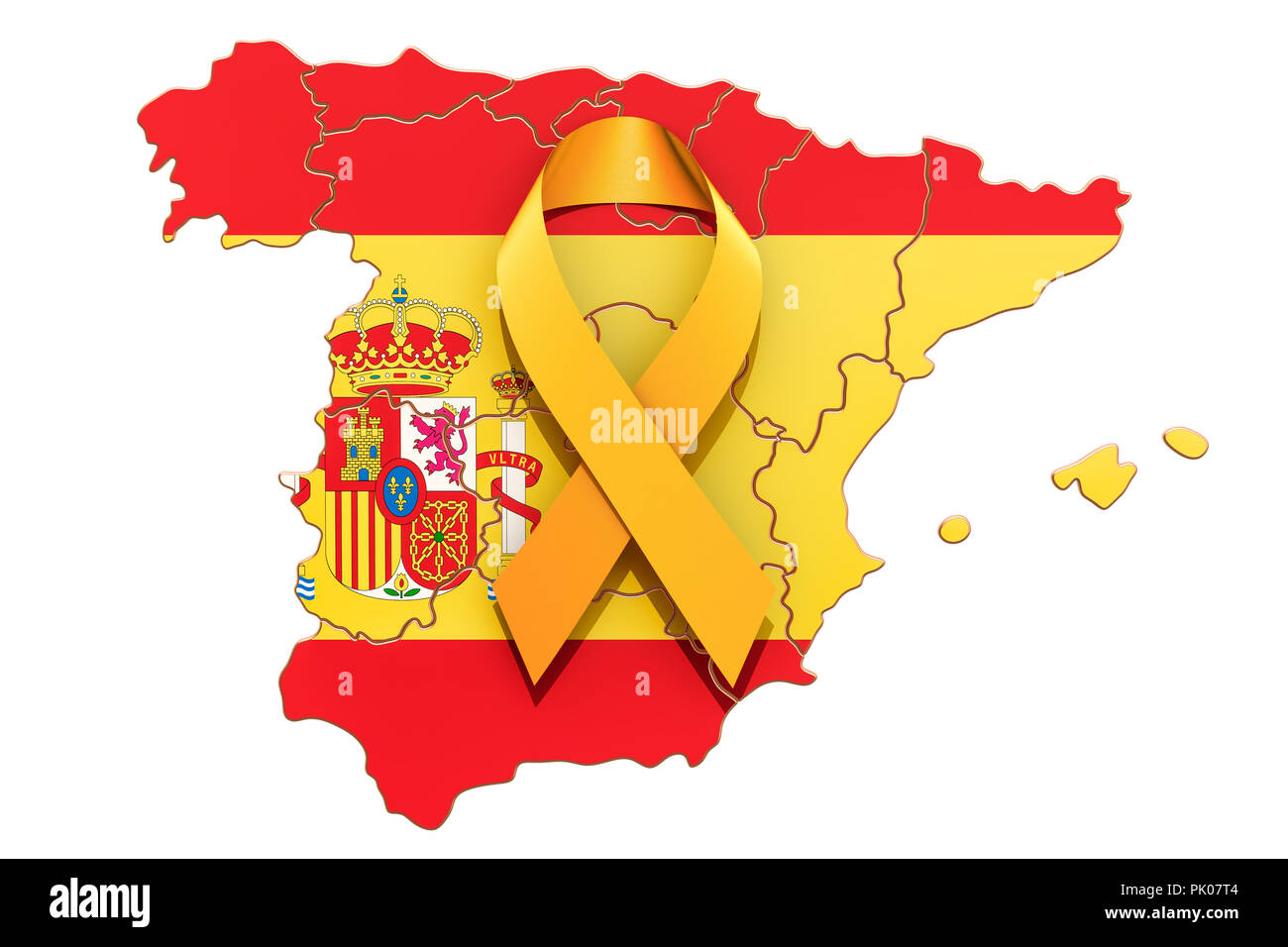 Ruban jaune sur la carte espagnole. Concept de l'indépendance de la Catalogne, rendu 3D isolé sur fond blanc Banque D'Images