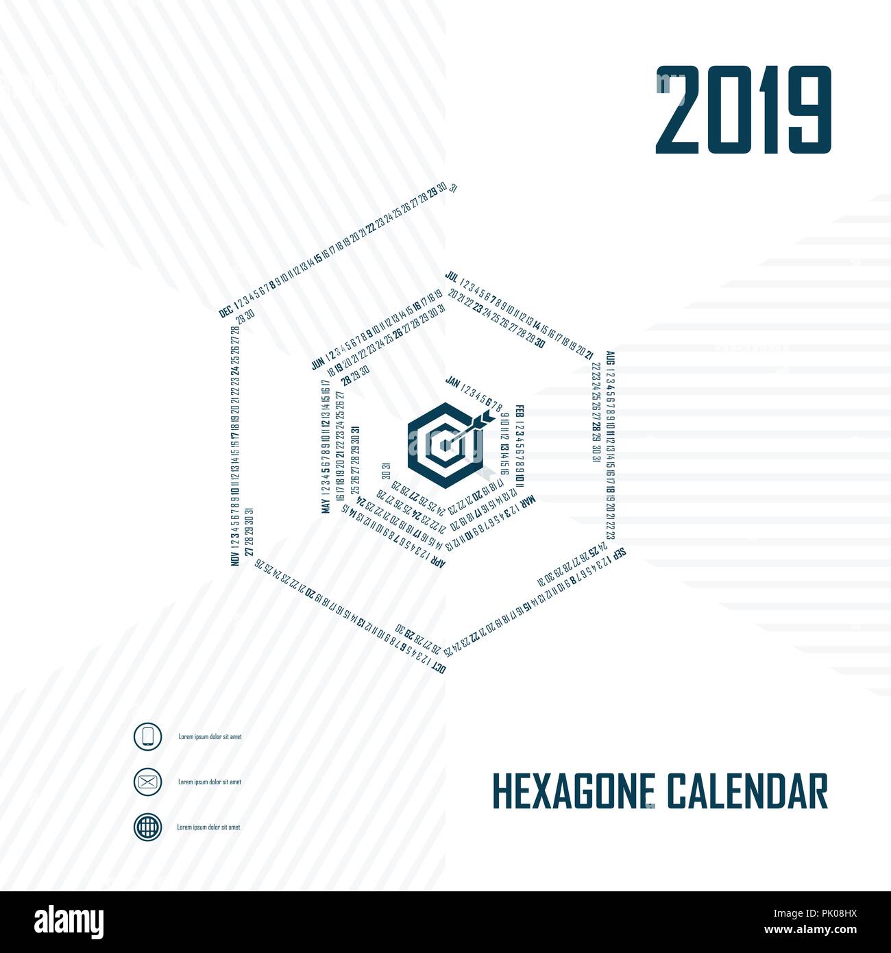 2019 Modèle de calendrier hexagonal.forme hexagonale.Calendrier 2019 Calendrier Série de 12 mois.Calendrier de l'année modèle de vecteur conception.Vector illust Illustration de Vecteur