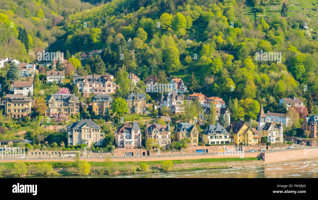 Vue sur la rivière Neckar dans la nouvelle ville de Heidelberg en Allemagne. Banque D'Images