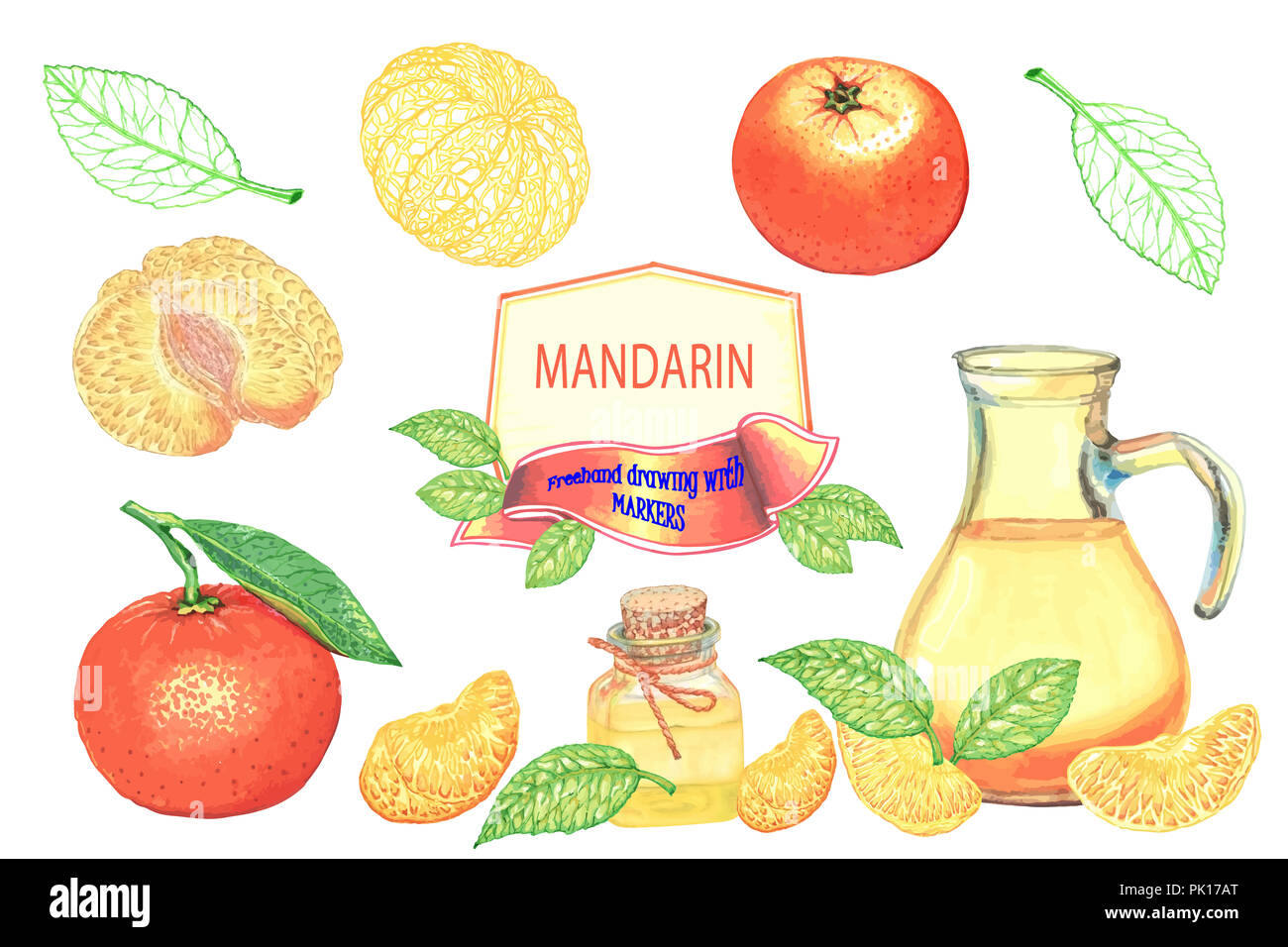 Définir avec les tangerines, jug clipart Bank à l'huile essentielle de mandarine, mandarine, tranches et feuilles. Pour les modèles de conception, d'impression sur papier. L'alimentation saine, n Banque D'Images