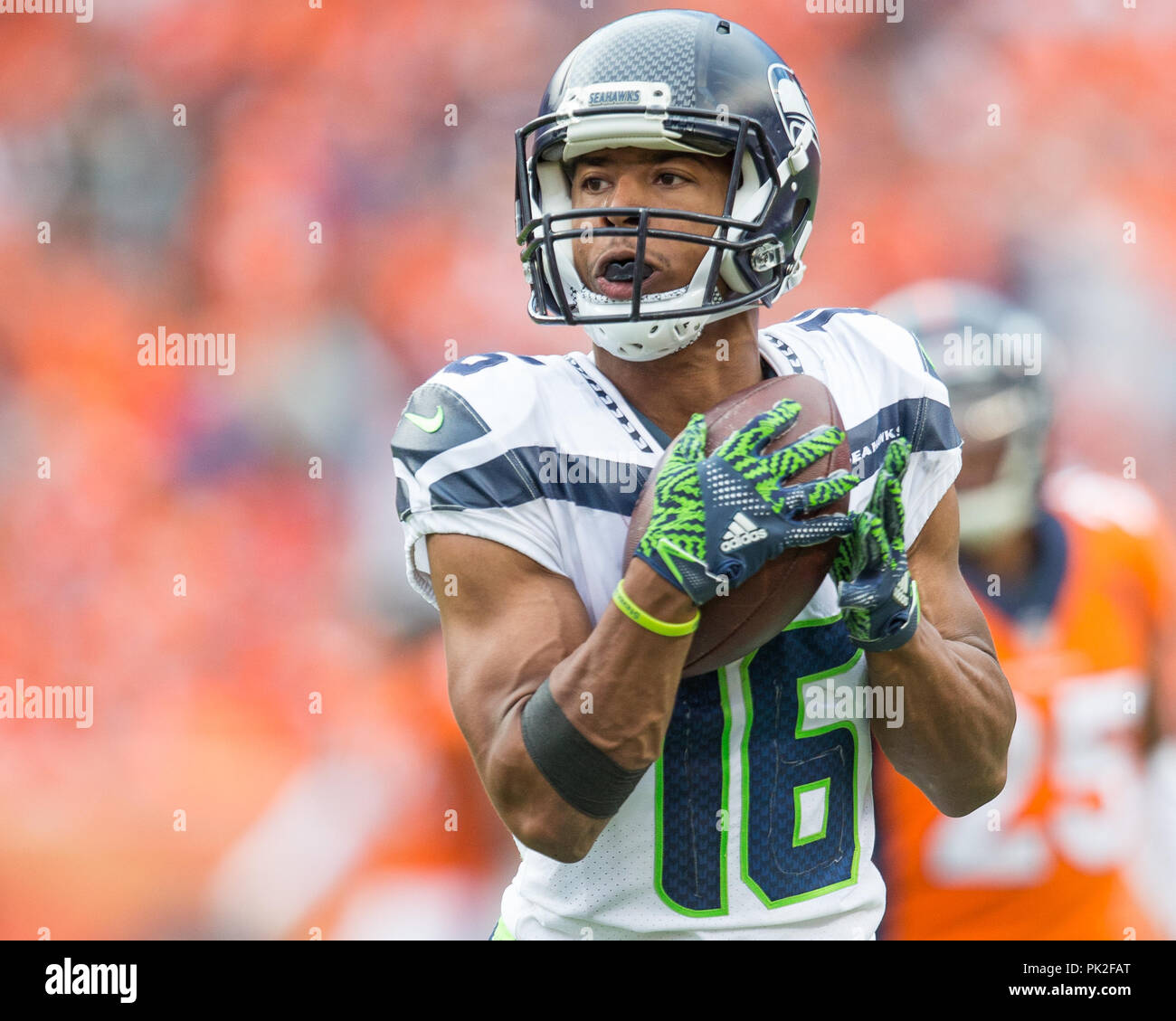 09 septembre 2018 : Seattle Seahawks wide receiver Tyler Lockett (16) au cours du troisième trimestre d'un match de la NFL entre les Seattle Seahawks et les Broncos de Denver Broncos at Mile High Stadium Denver CO, Scott D Stivason/Cal Sport Media Banque D'Images