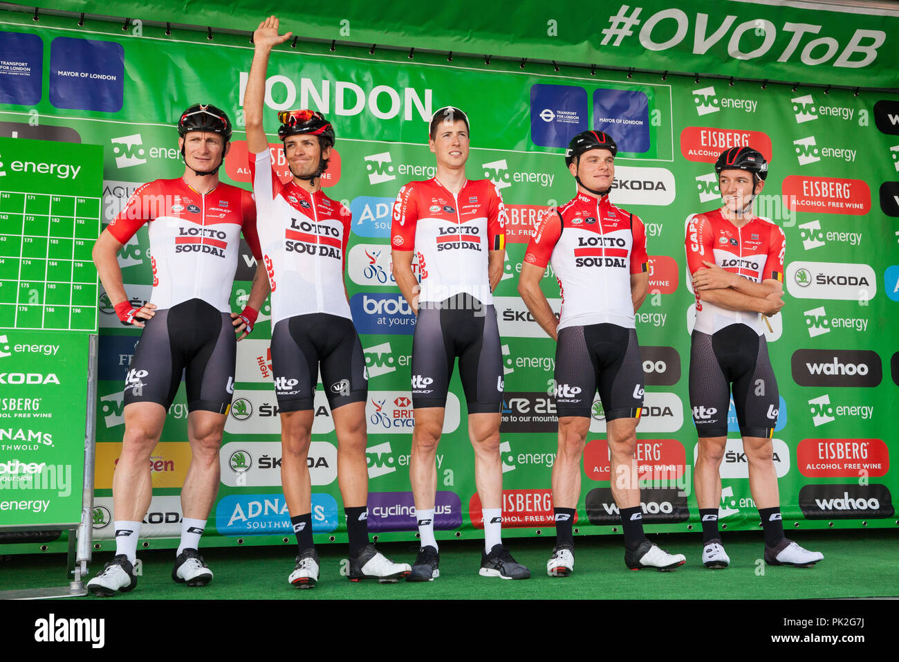 Londres, Royaume-Uni. 9 Septembre, 2018. Coureurs de l'équipe Lotto - Soudal sont présentés avant le 77km London (Etape 8) l'Énergie de l'OVO Tour of Britain cycliste. Credit : Mark Kerrison/Alamy Live News Banque D'Images
