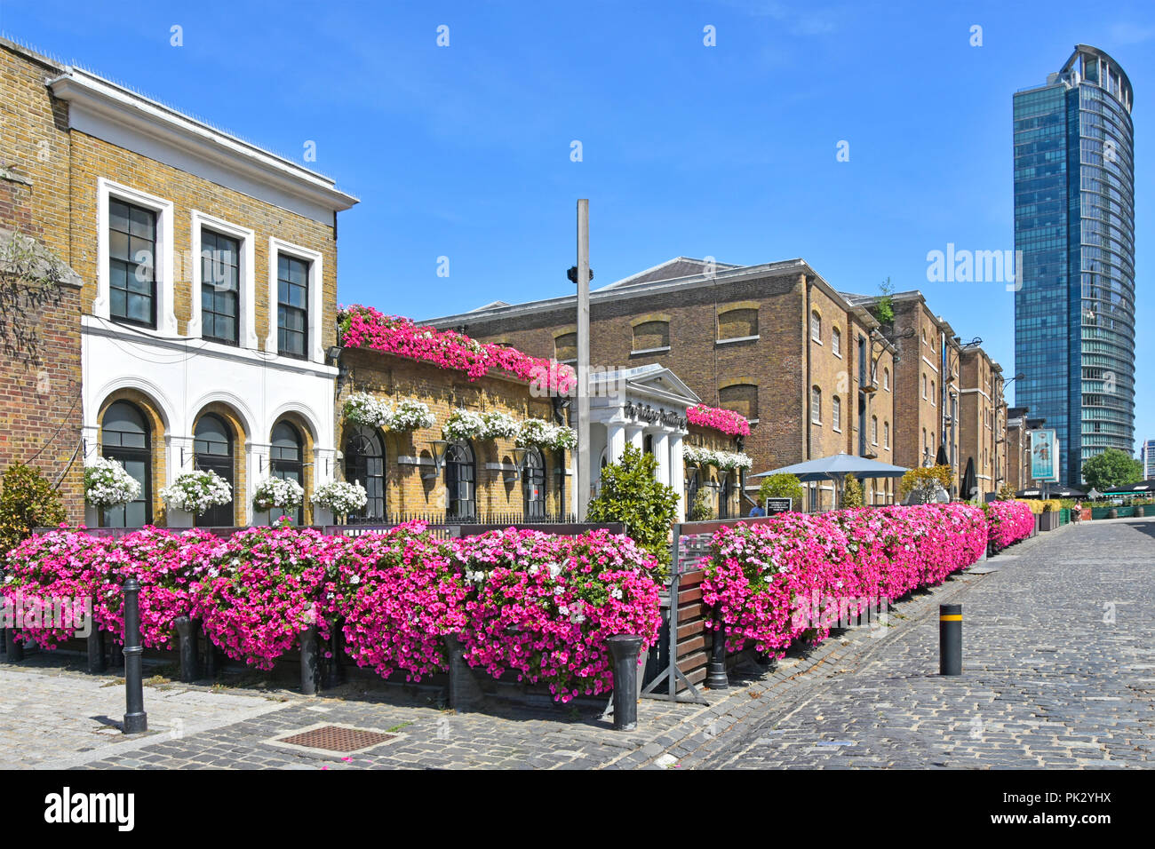 Scène de rue de Londres West India Quay Canary Wharf Pétunia à fleurs Wetherspoons historique livre Building London England UK business restaurant pub Banque D'Images