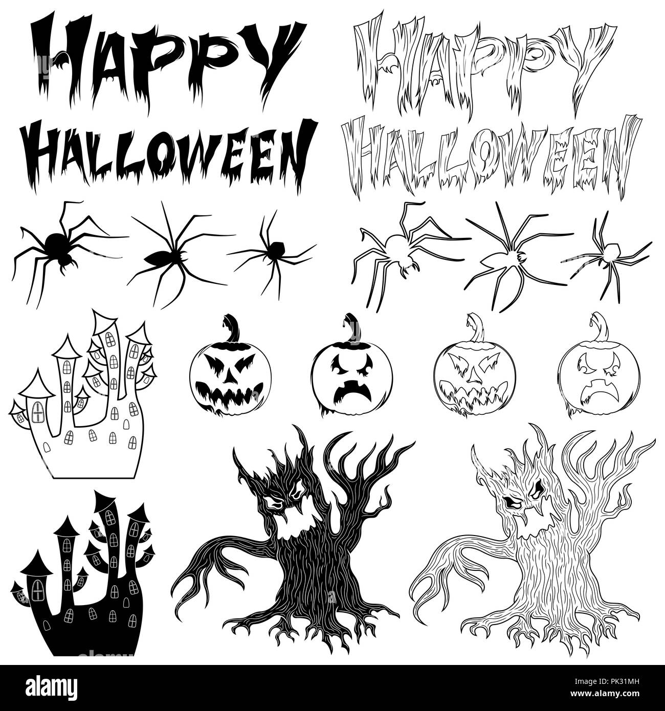 Jeu de silhouettes stylisées pour happy Halloween isolé sur le fond blanc, noir vecteur pour concevoir des cartes postales et des affiches Illustration de Vecteur