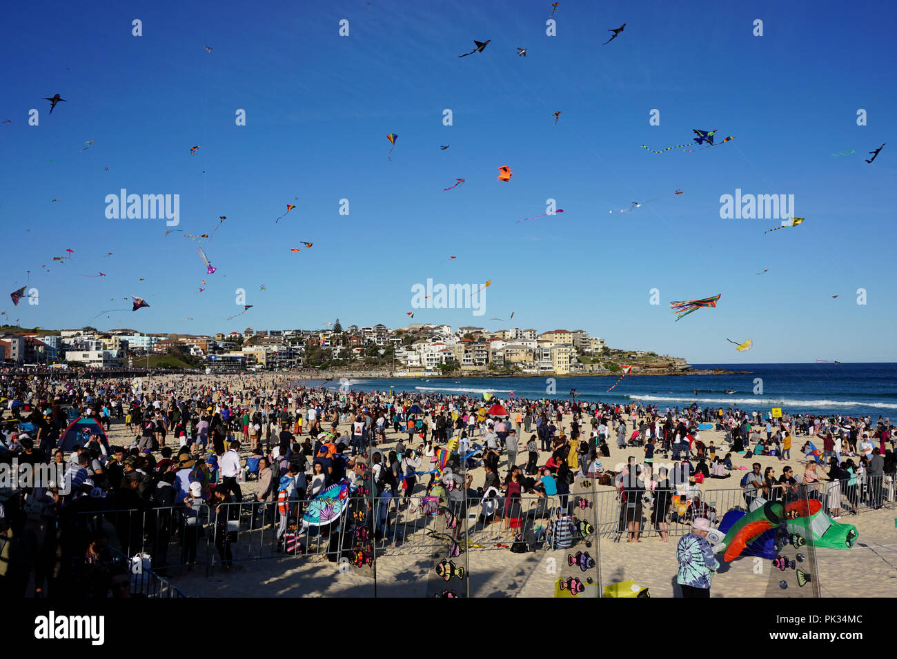 Des foules de gens et de cerfs-volants colorés au Festival du vent à la plage de Bondi, Australie Banque D'Images