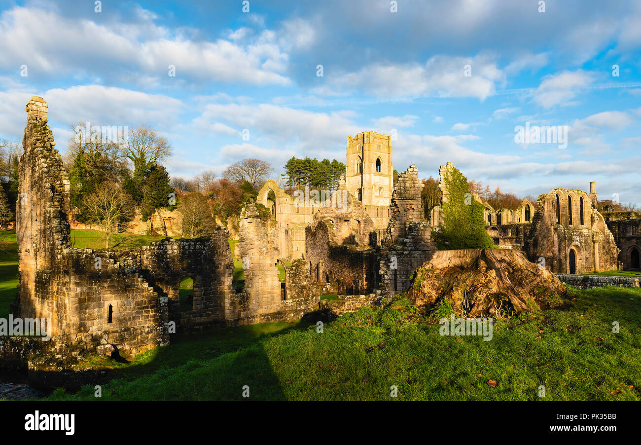 Les ruines de l'abbaye de Fountains sur un matin d'automne, vue de l'autre côté de la rivière Skell près de Ripon, Yorkshire, UK. Banque D'Images