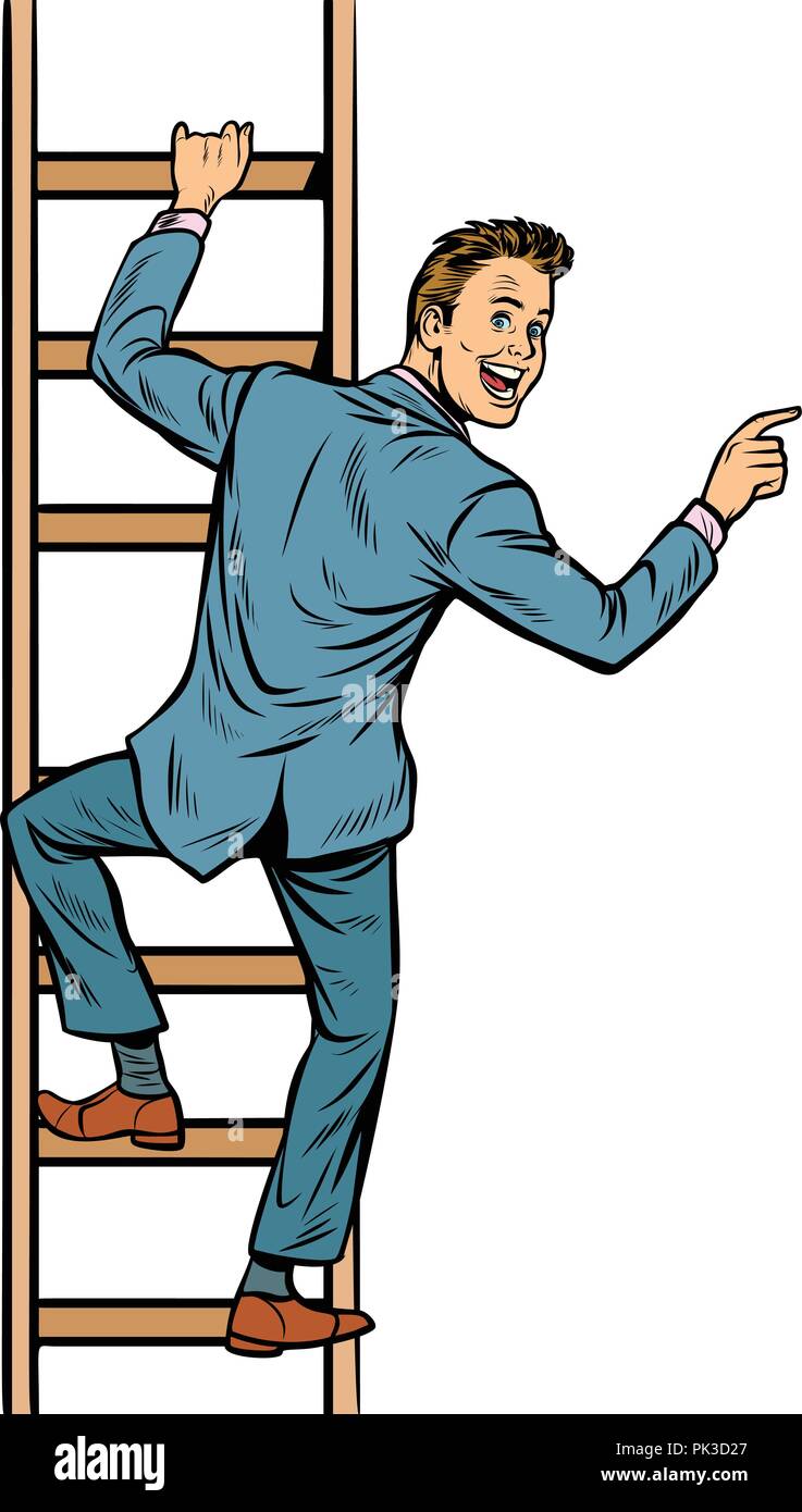 Businessman monte escaliers, l'homme pointe vers l'espace de copie Illustration de Vecteur