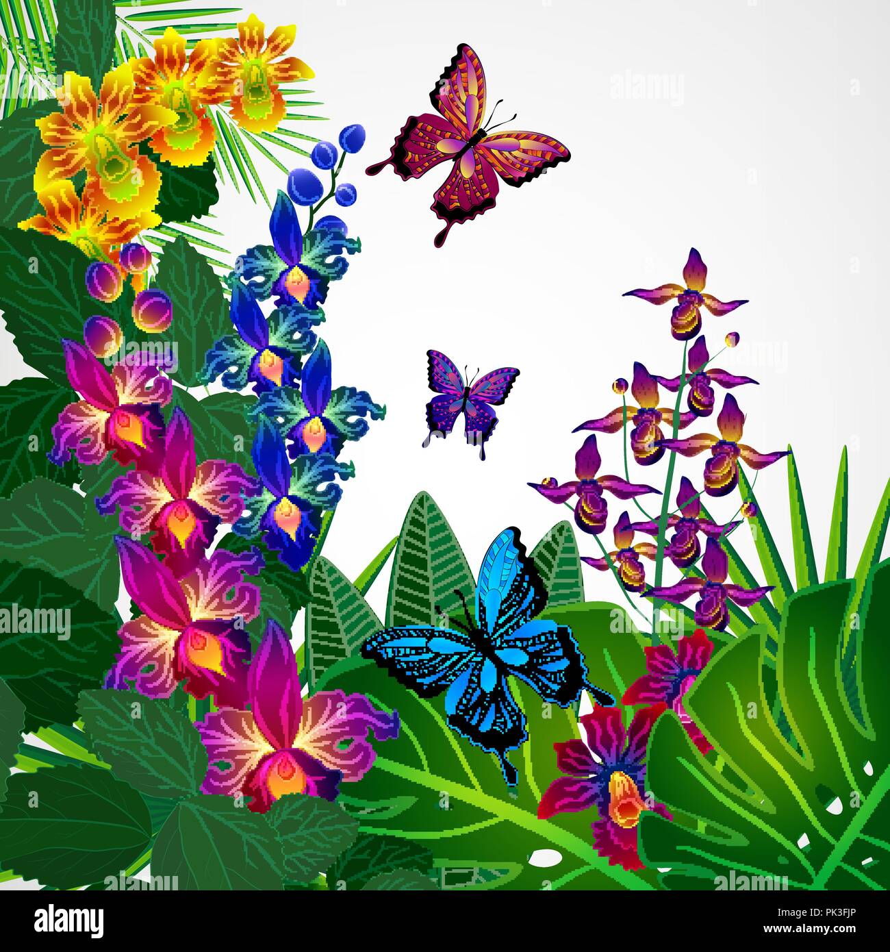 Floral design arrière-plan. Orchidées tropicales fleurs, feuilles et papillons. Illustration de Vecteur