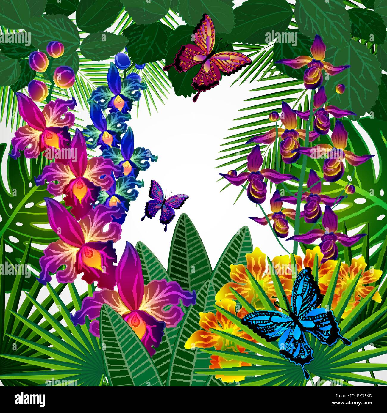 Floral design arrière-plan. Orchidées tropicales fleurs, feuilles et papillons. Illustration de Vecteur