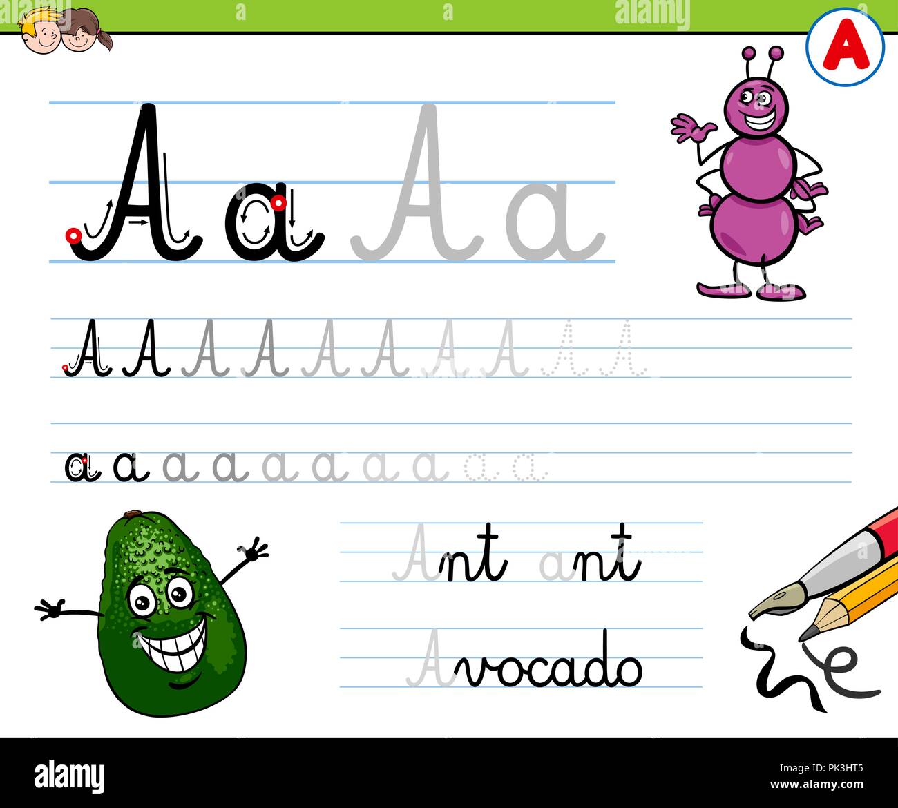 Cartoon Illustration de l'écriture pratique avec une lettre pour les enfants d'âge préscolaire et Enseignement primaire Illustration de Vecteur