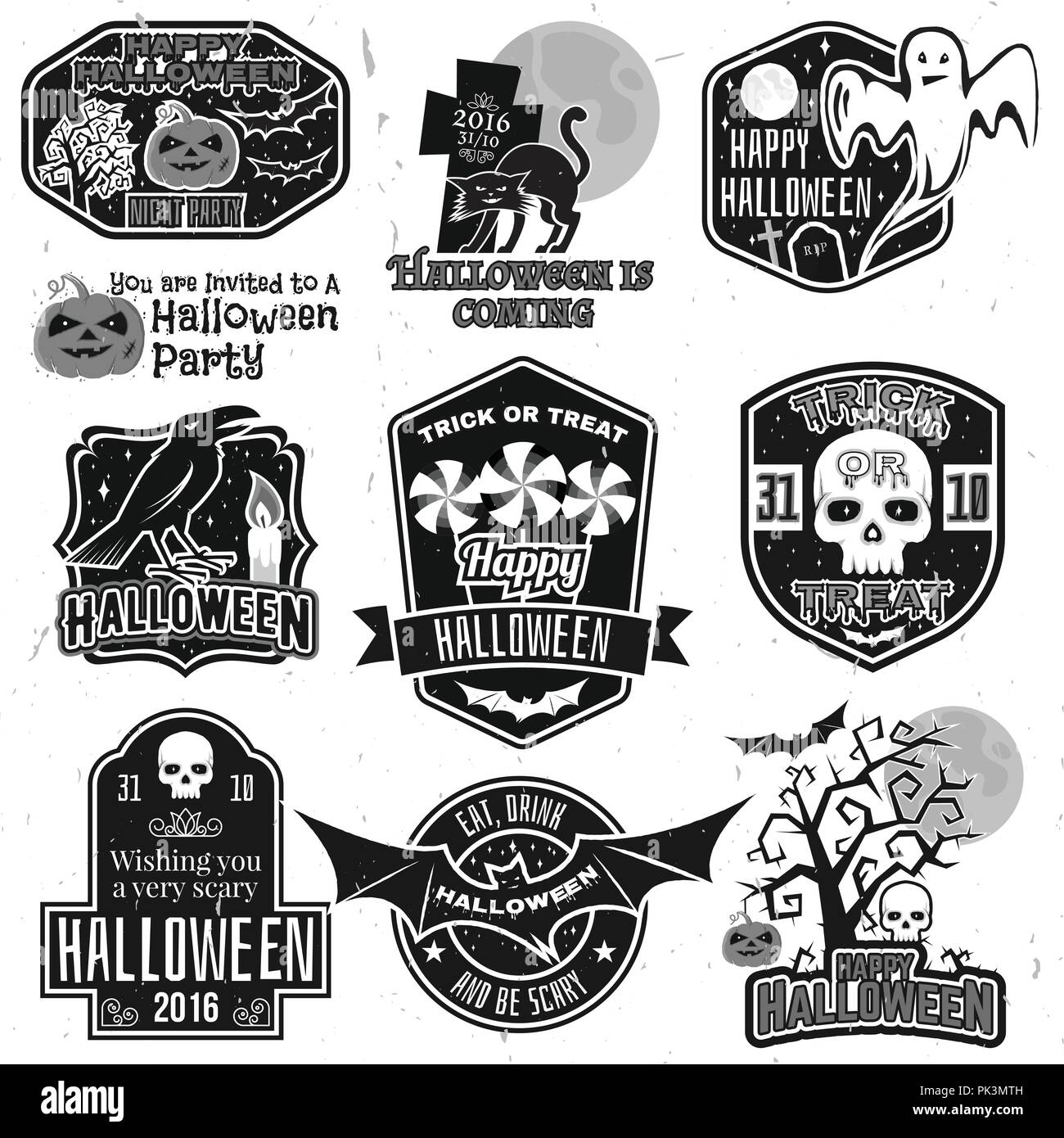 Vintage Halloween insignes, emblèmes ou des étiquettes. Vector illustration. Invité à une fête d'Halloween avec bat, ghost, le crâne et la citrouille. Pour l'impression sur t shir Illustration de Vecteur
