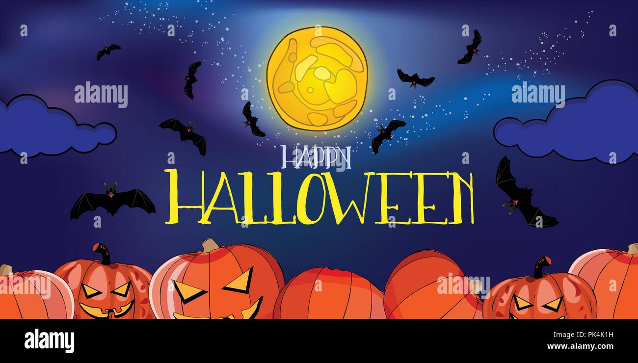 Vector bannière avec happy Halloween text, Big Yellow Moon, oumkins et les chauves-souris Illustration de Vecteur