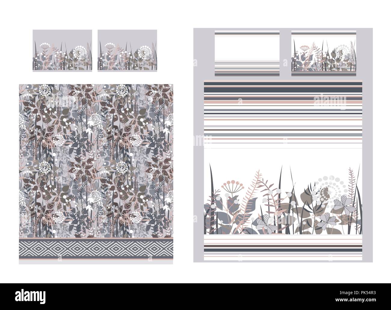 Ensemble de literie de luxe avec doodle fleurs et rayures. Deux couettes et oreillers trois arrière-plan. Jolie palette pastel brun et gris. Vector illustration. Illustration de Vecteur