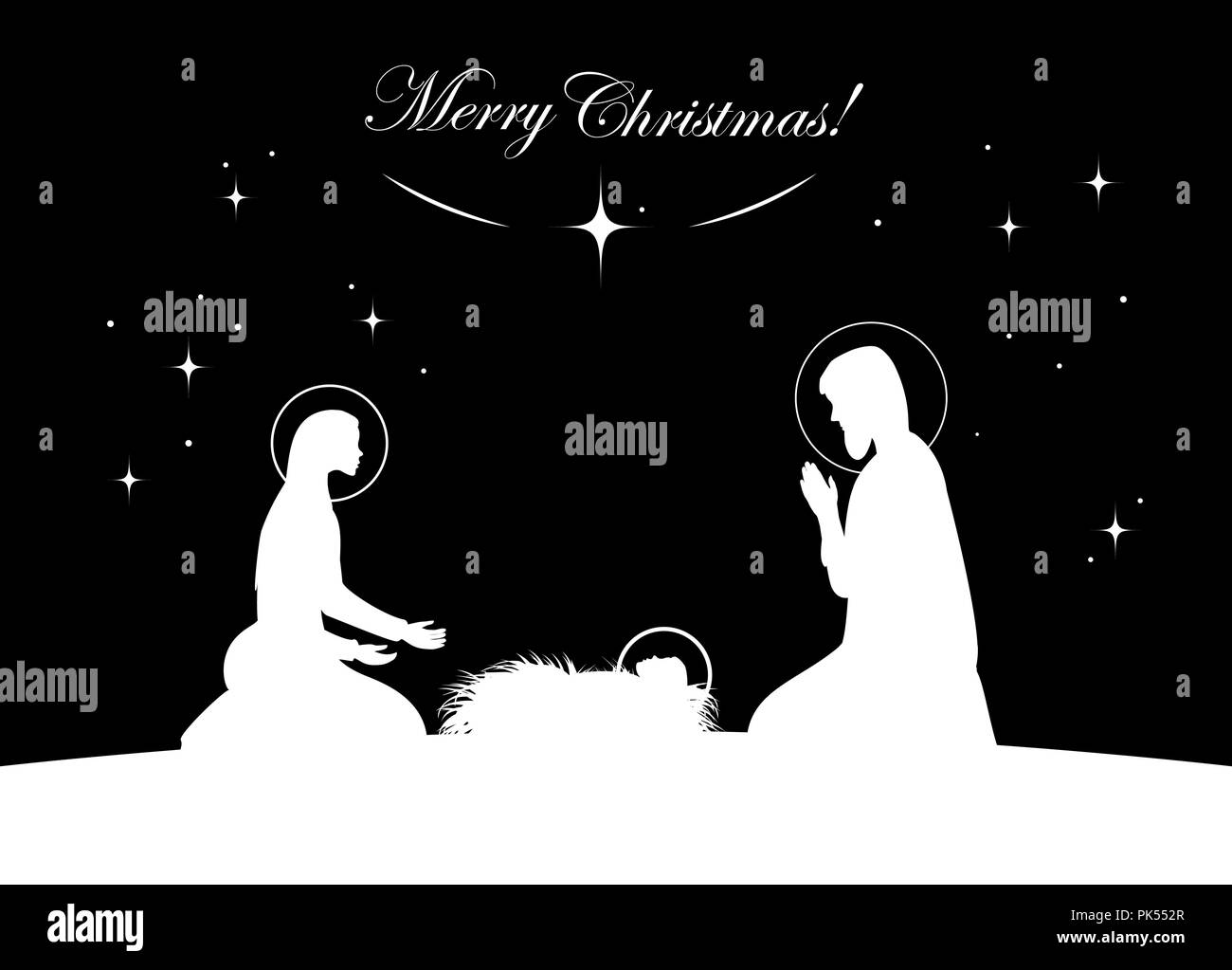 Crèche de vecteur. Avec Jésus, Marie et Joseph silhouette. Illustration à la main Illustration de Vecteur